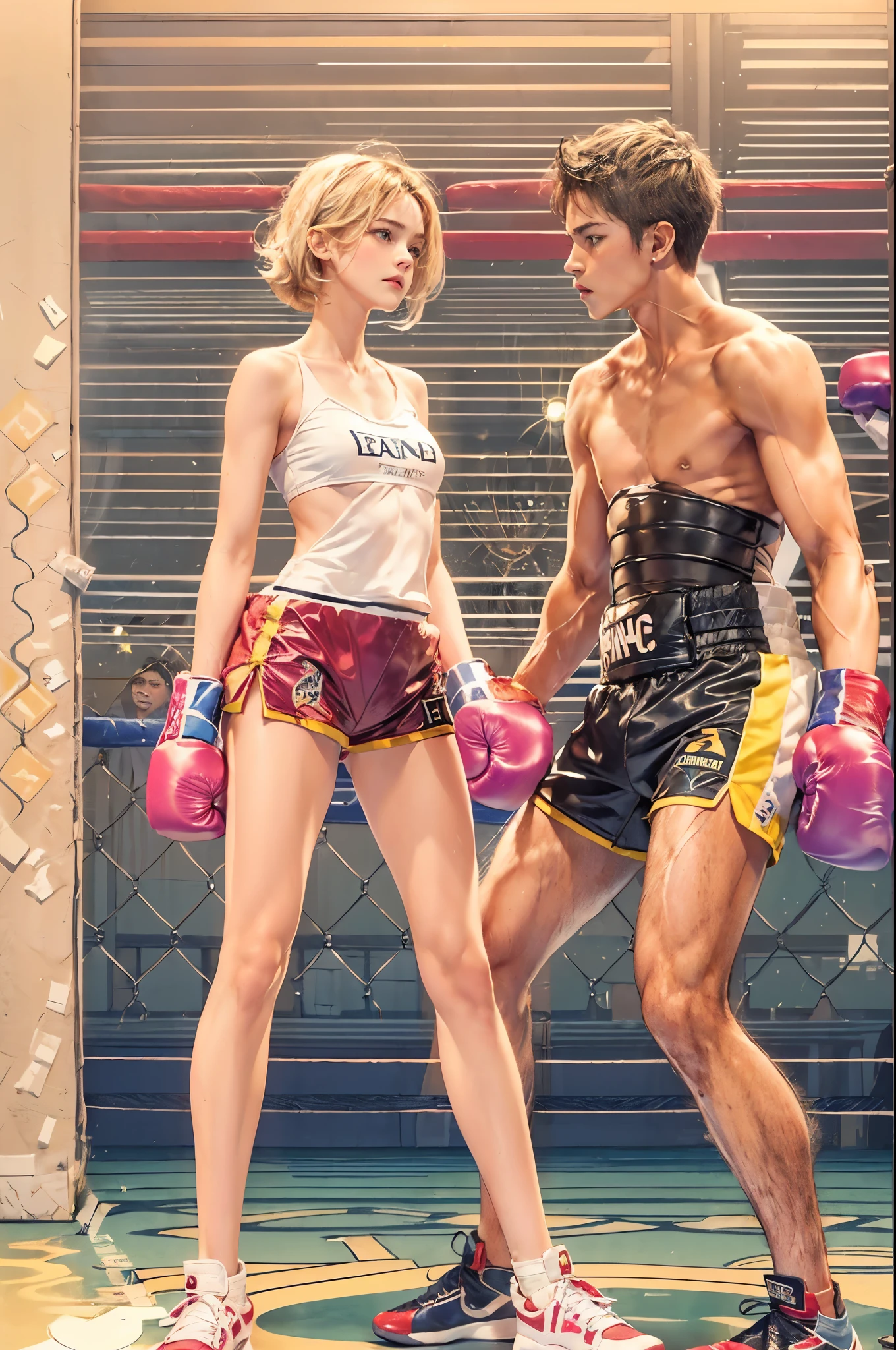 masterpiece, delicate, sharp focus, 1 girl punch 1 boy, girl, tall, (smooth_abs:1.55), pretty, (long_skinny_legs), (skinny_waist), (((fair skin))), (Emma_watson), light blonde hair, ((white sport bandeau)), Short yellow short skirt, (girl punch a boy: 2), (((girl punch a boy)))