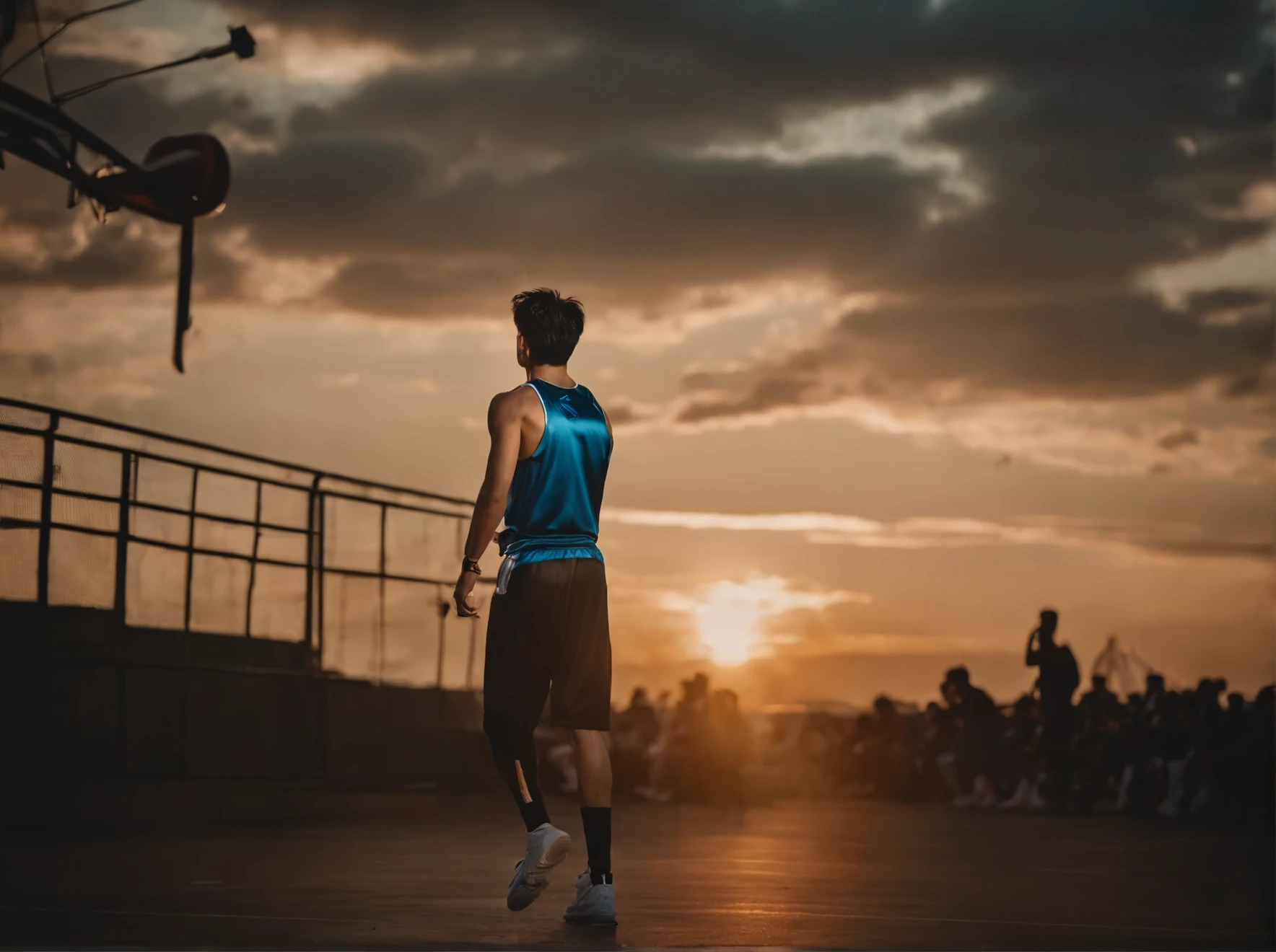 Basketball Boy and Jay Chou，Under dusk，The sidelines are full of spectators，Boy 1.8 meters，Feeling full of muscle，Boy&#39;s buckle Jay Chou