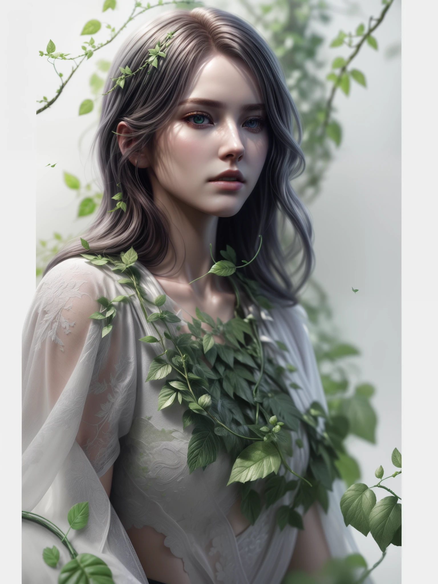 ((white 1.4)), florest, ((vines and leaves)), porcelain skin, (extremely detailed CG unity 8k wallpaper), dramatic, photorealistic painting art by midjourney and greg rutkowski, NVIDIA RTX Ray Tracing