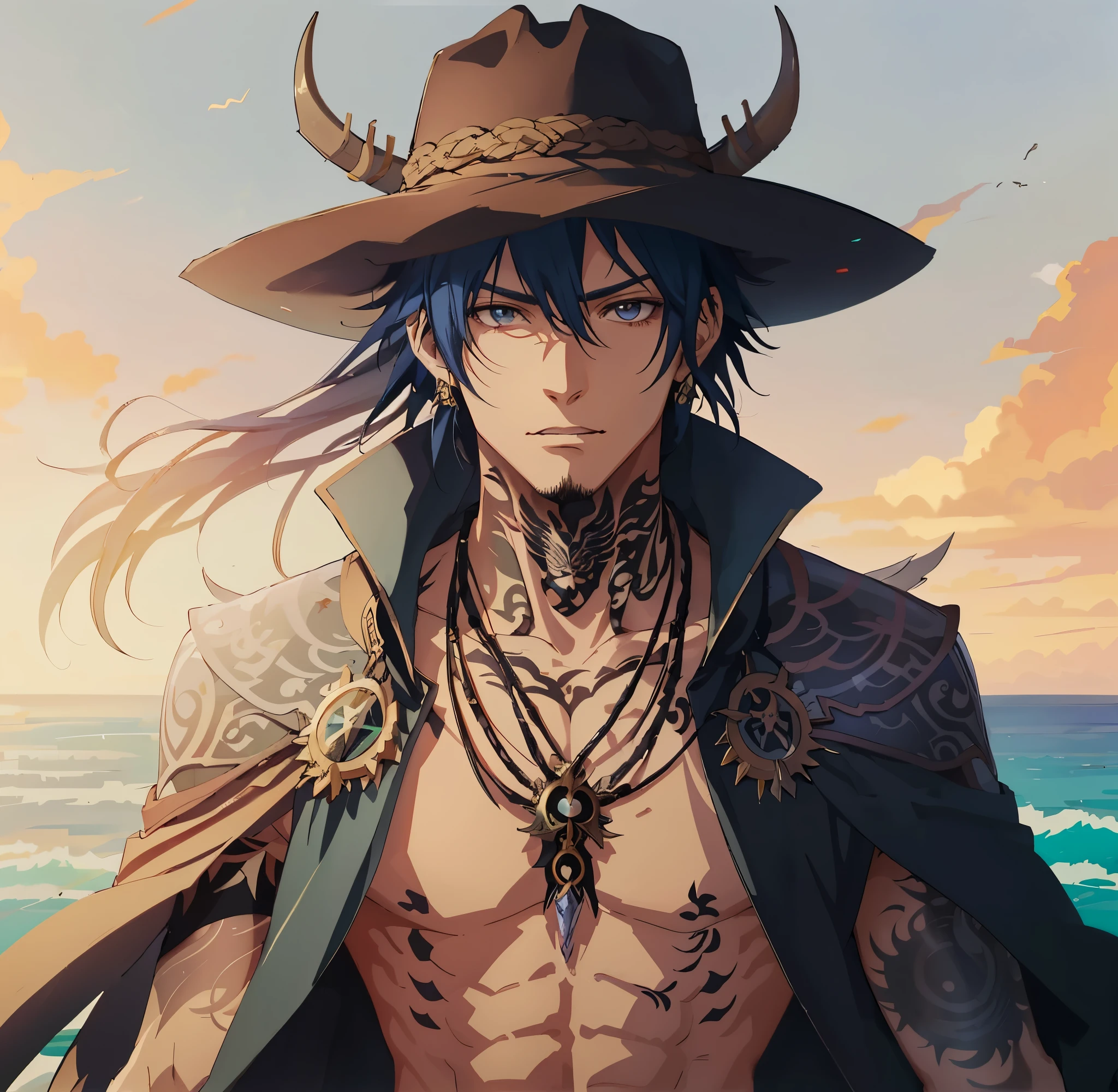 anime man with tattoos and a sword in front of a cloudy sky, Anime Tribal Boy com cabelo longo, cara bonito na arte demon slayer, handsome japanese demon boy, Deus masculino bonito da morte, personagem de anime masculino, arte detalhada do personagem de anime, anime em estilo fantasia, homem bonito anime, 2. 5 d cgi anime fantasia arte, badass anime 8 k