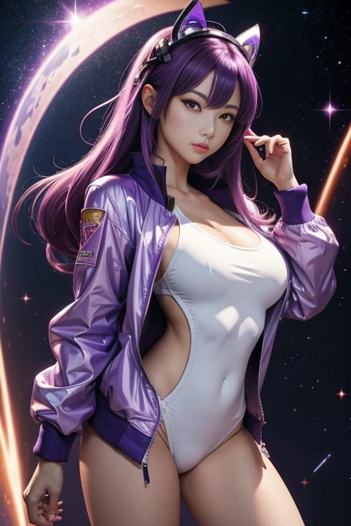 Mai shiranui, busty, long purple jacket, white tank top, spacesuit helmet, illustration iridescent, magically glowing, shiny colorful, By Yuumei, Anime art wallpaper 8K, Guviz-style artwork, Anime art wallpaper 4k, Anime art wallpaper 4K, girl in purple jacket, Beautiful anime artwork, Digital anime art, Guviz, full bodyesbian, 2 head body, giga_busty