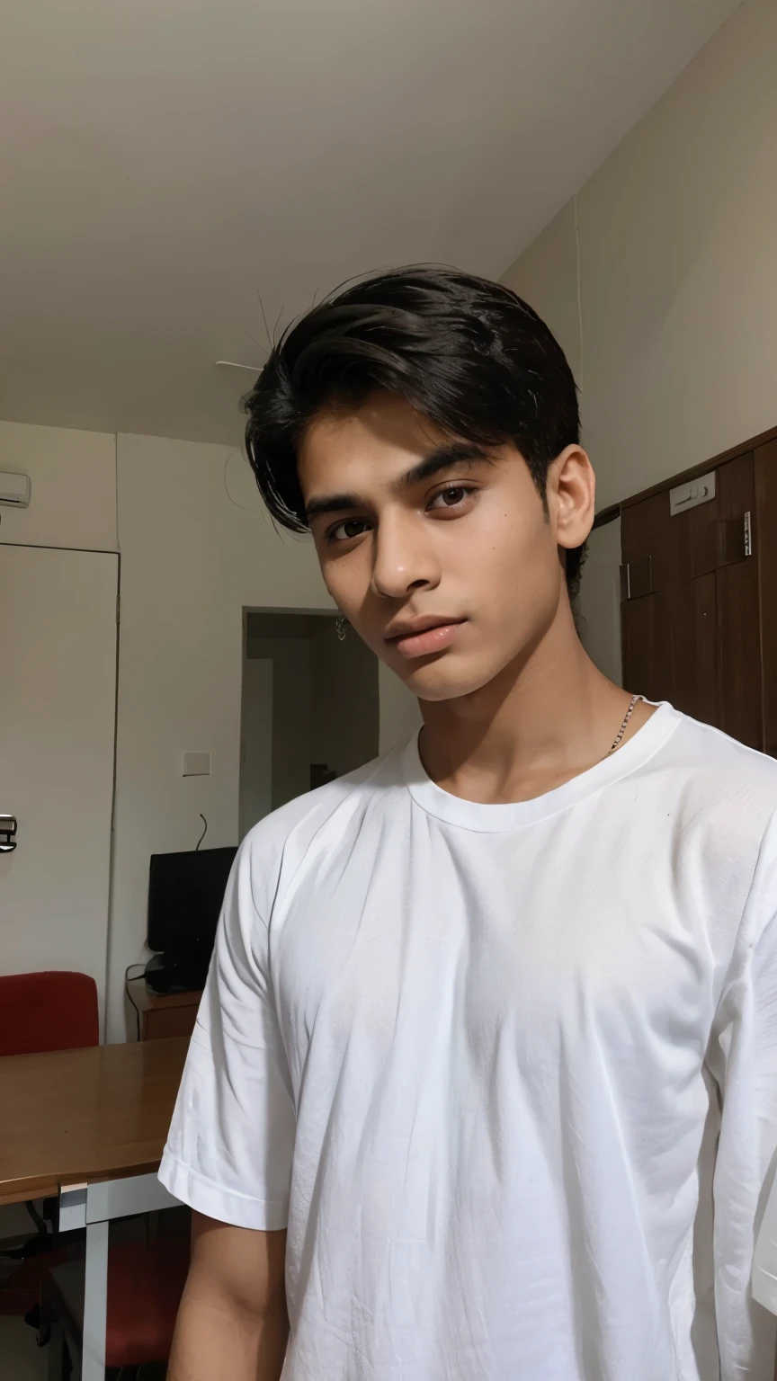 Indian teenager boy, 18 years old, white skin, model face, jawline, looking left, flexing jawline, white shirt, portrait, selfie, inside room
