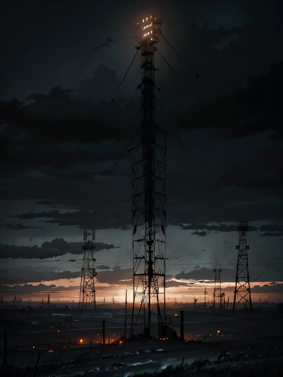 (Dark post-apocalyptic art), hopeless art, Dark art, lonely radio tower, radio tower antenna array, (night), Starry sky, Black Sky, dark sky, On the hill, short grass,, Gloomy fog, black oil liquids, highly detailed art, very detailed background