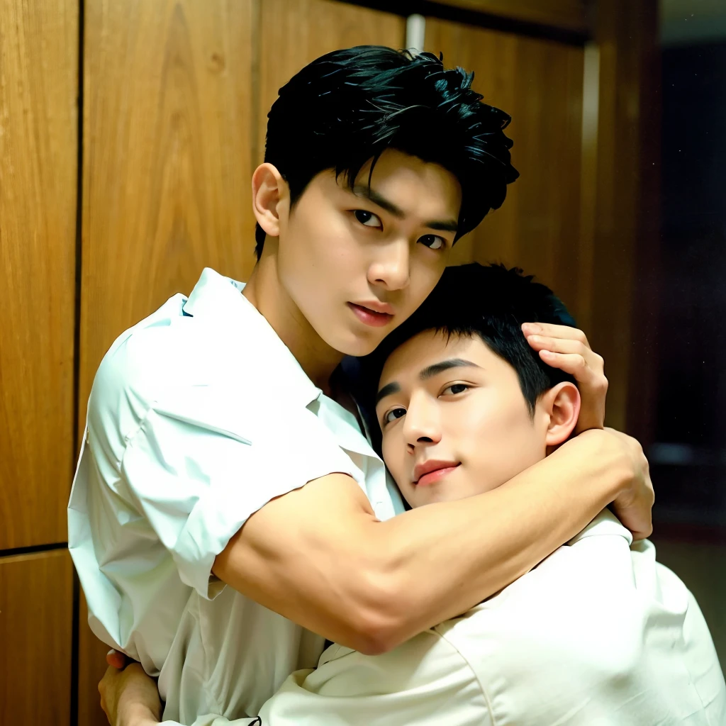 best qualtiy,(realisticlying:1.4), tmasterpiece, Kodak Portra 400, white bed sheet,(Face focus:1.3),1boys ,white skinned,Show muscles, posing on a,sface focus,hugs