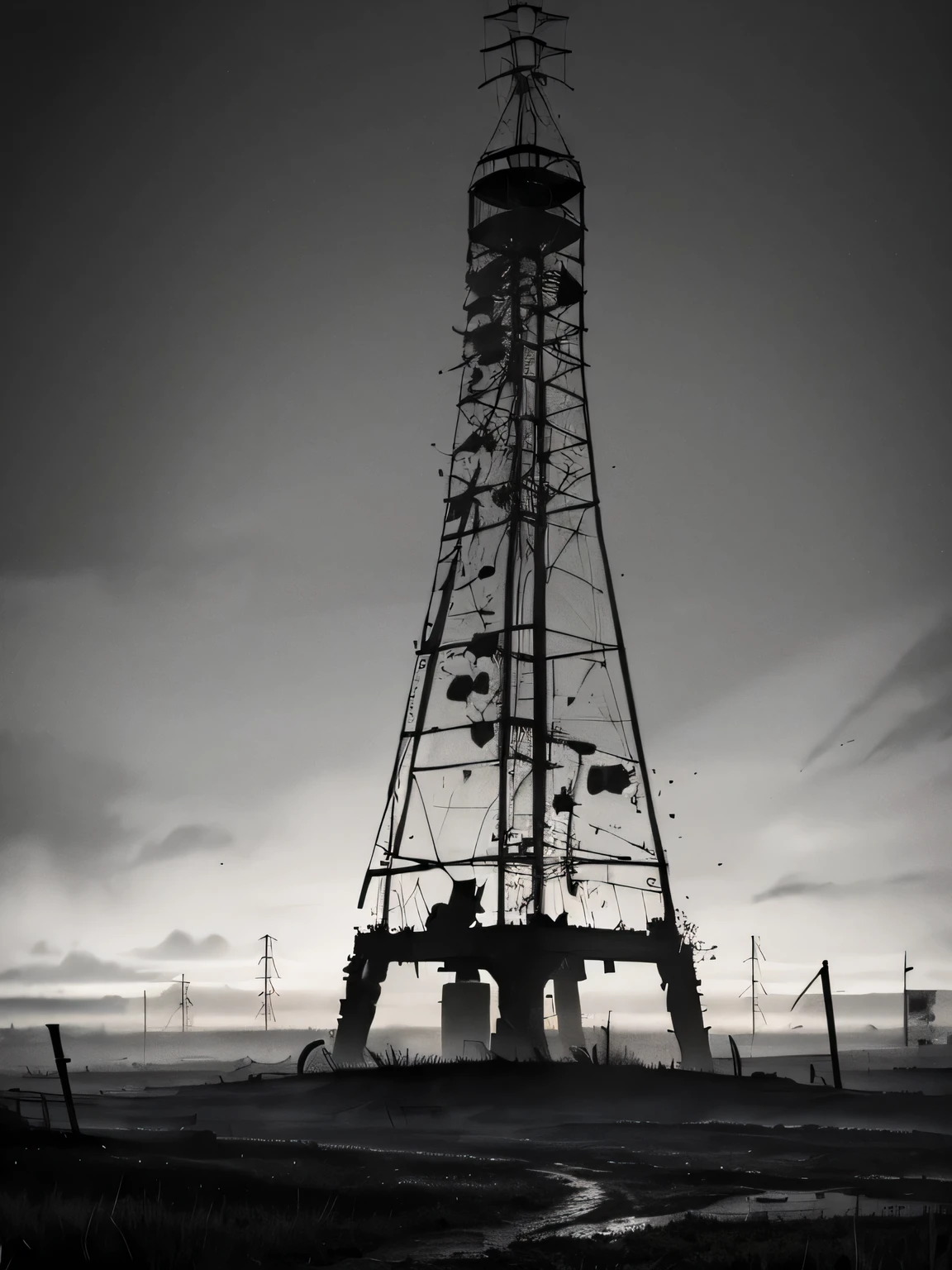 (Dark post-apocalyptic art), hopeless art, Dark art, lonely radio tower, radio tower antenna array, (night), Starry sky, Black Sky, dark sky, On the hill, short grass,, Gloomy fog, black oil liquids, highly detailed art, very detailed background