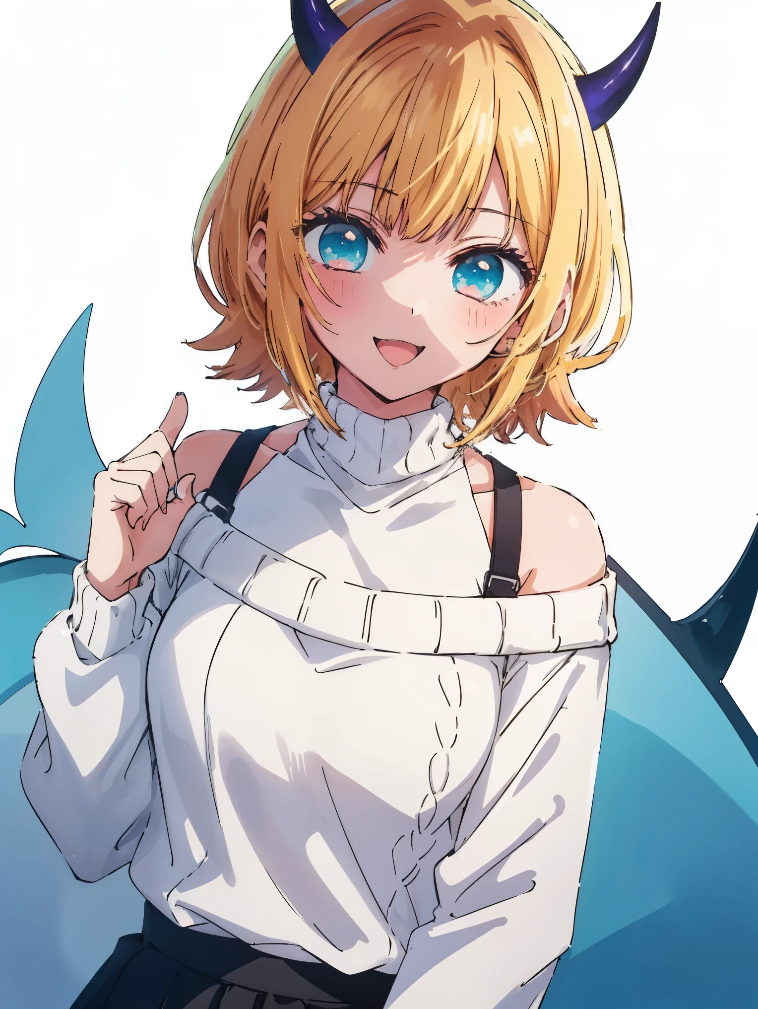 1 girl, memocho, blonde hair, blue eyes, dull bangs, Demon horn, 偽のhorn, horn, short hair,
break bare shoulders, 黒のskirt, (青いsweater:1.5), long sleeve, off shoulder, off shouldersweater, plump sleeves, skirt, sweater, white ribbon,(((anime style)))、(((2D)))、8K、smile、Close-up、Open your mouth