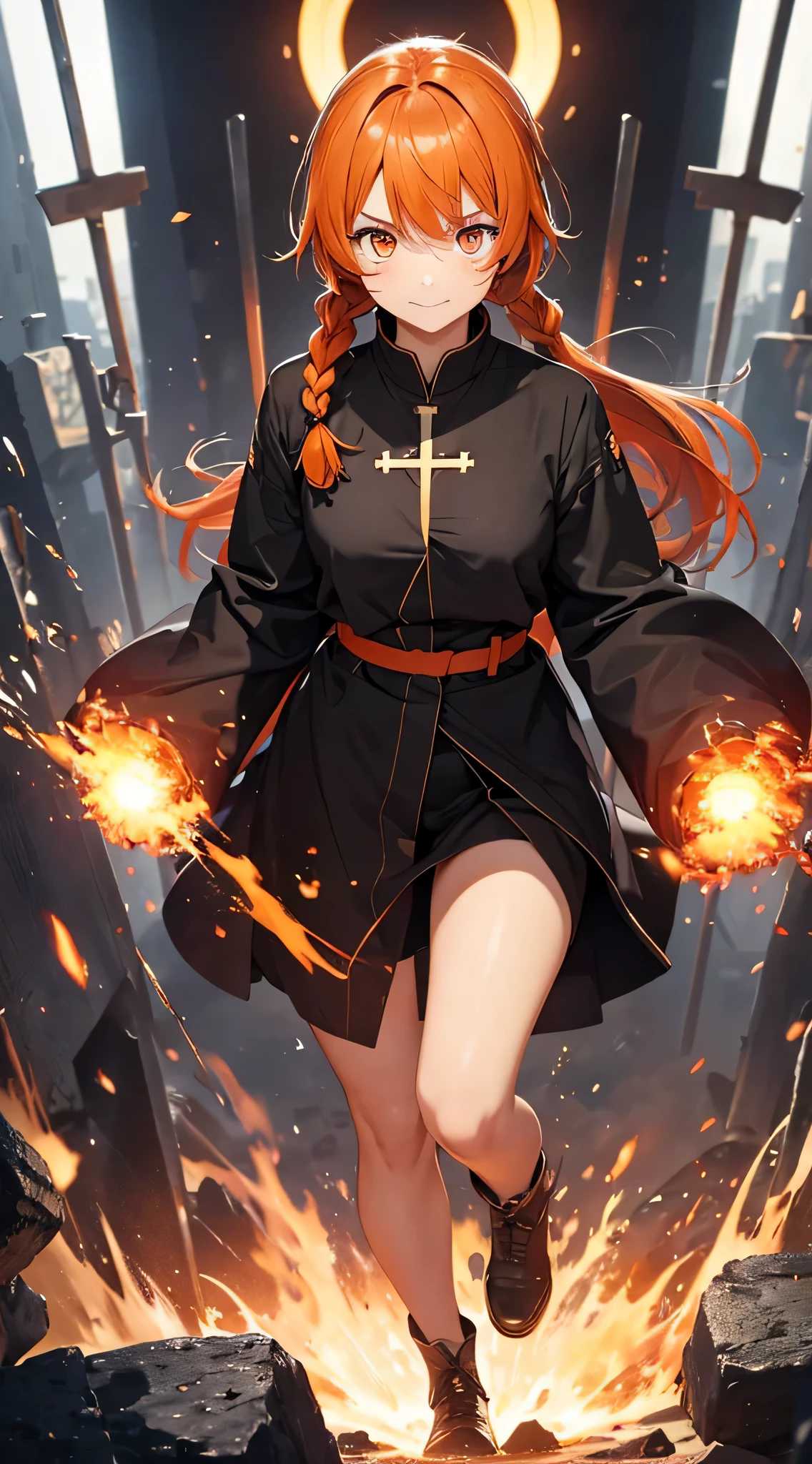 crazy eyes, 1 woman, alone, looking for_~to_viewer, forehead, Eyebrow_visible_~Through_hair, cleric, crazy eyes, crazy smile, crazy face, orange hair, side braids, orange eyes, stole, White, symbolism, holding an iron cross, whole body, clothes, holding a large iron cross, glitter, torogao, heavy bre~tohing, whole body, wide angle