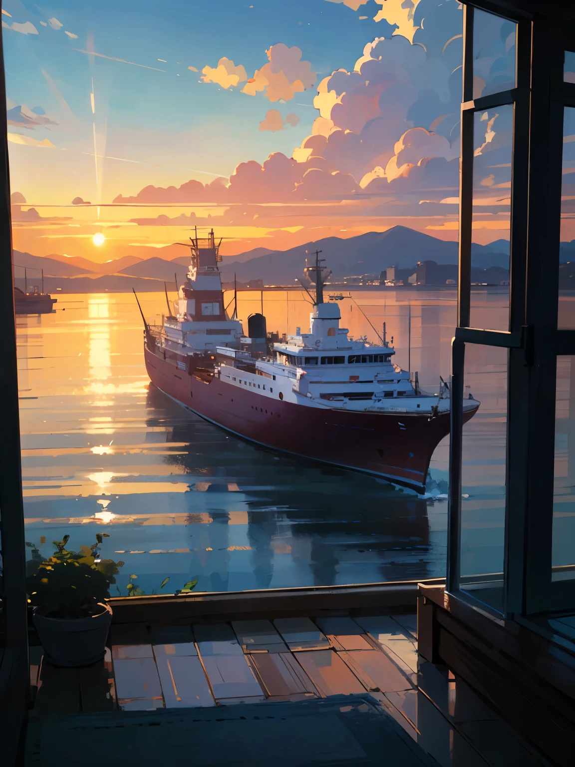 wide field of view (Anime scenes) (wide field of view from balcony of a cozy room:1), (Port seen from the window) sunlight comes in, Shadow, Mountains around々, moored ships and ferries, (sunset), cloudy sky, (not human:1), masterpiece, Beautiful color palette, masterpiece, very detailed, Bright colors, ambient light,