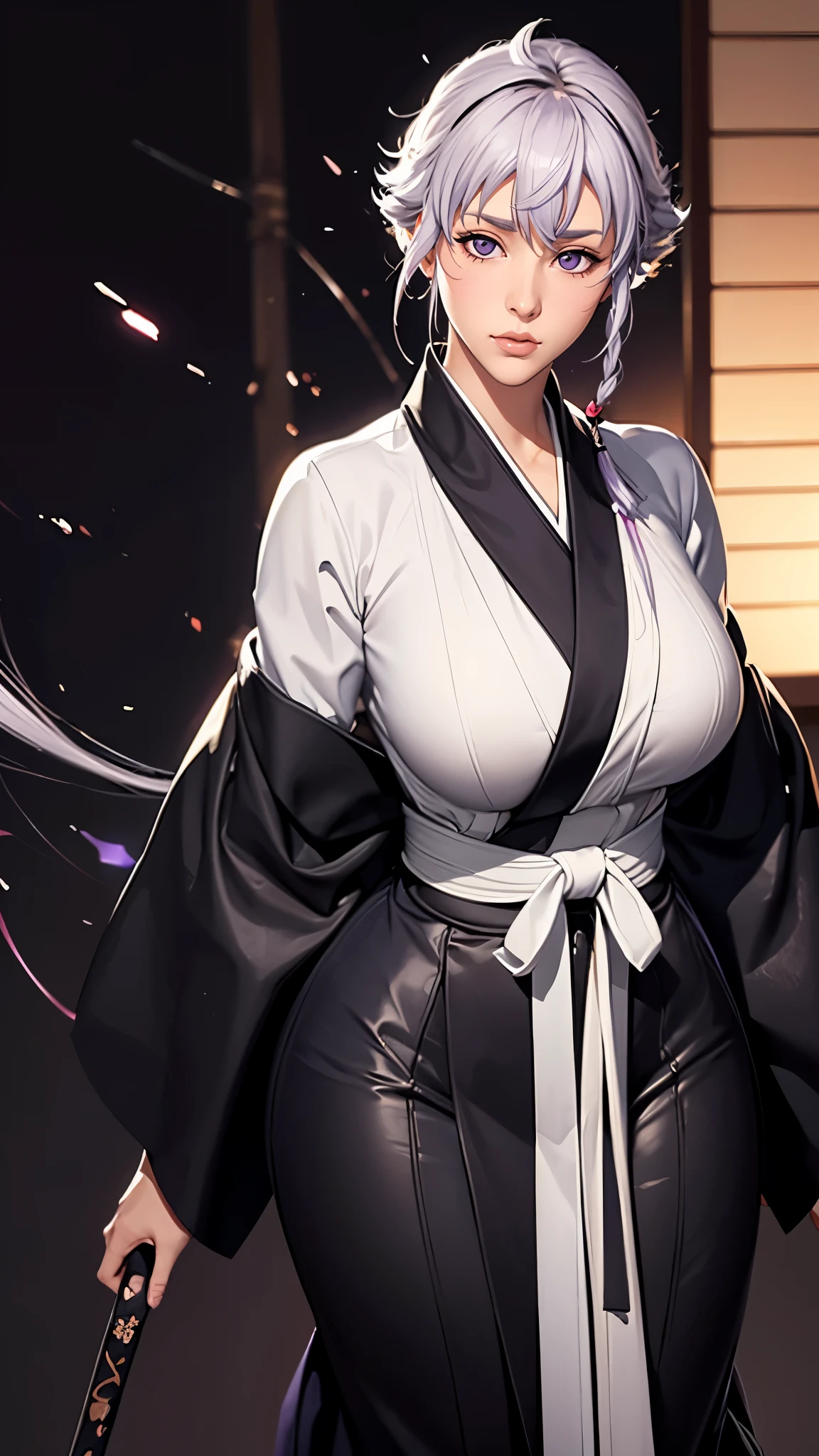 （（（完美figure，figure，long sleeves, japanese clothes, kimono, haori, black kimono, hakama, black hakama,（（（isane kotetsu, short hair, braid, white hair, (purple eyes:1.1), hair braid, ））），（（（wide hips））），S型figure:1.7））），((masterpiece)),high resolution, ((Best quality at best))，masterpiece，quality，Best quality，（（（ Exquisite facial features，looking at the audience,There is light in the eyes，blush，Happy））），（（（Interlacing of light and shadow，huge ））），（（（looking into camera，fighting stance，holding sword in hand）））