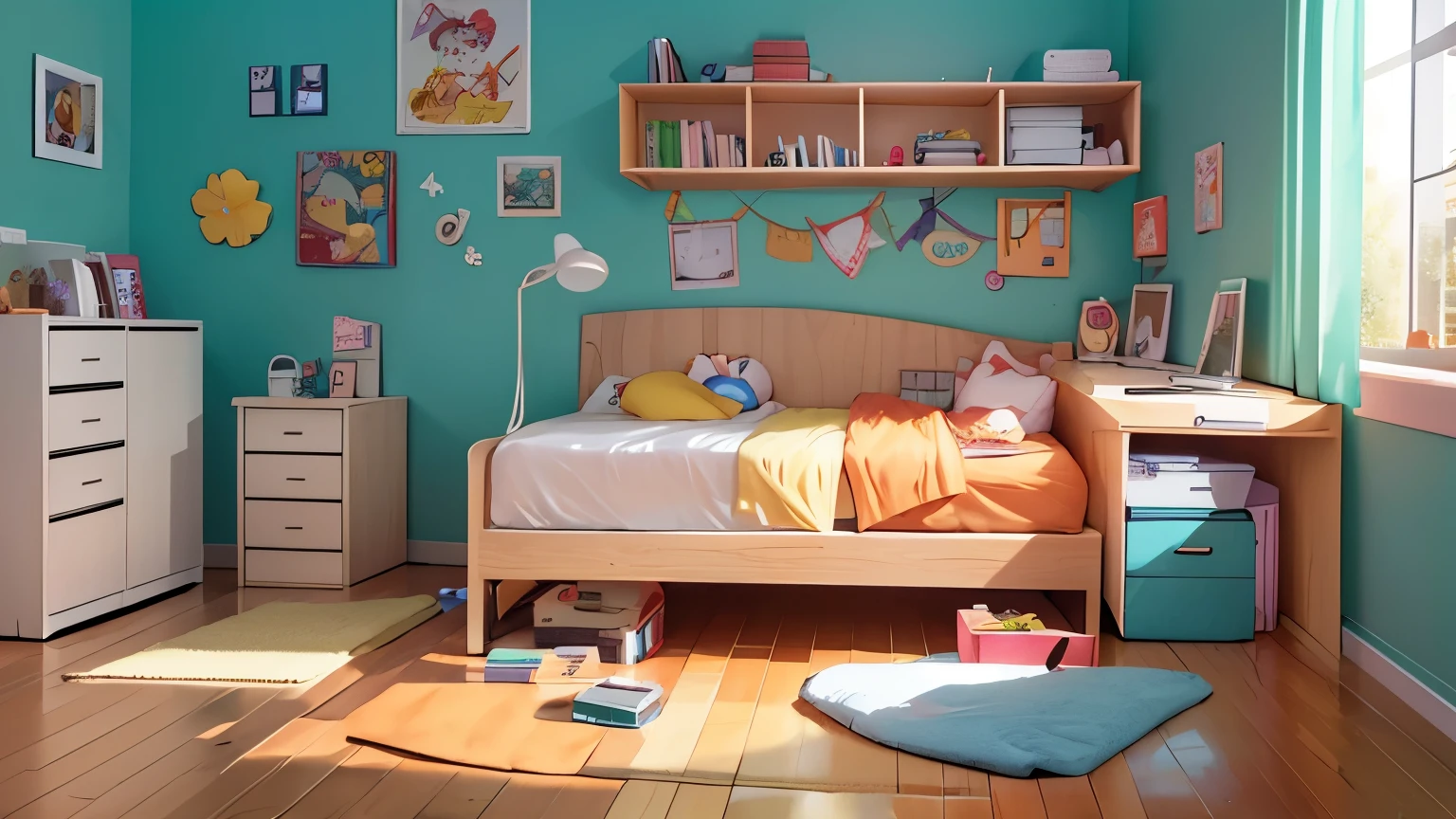 (melhor qualidade), (cartoon), quarto detalhado, computador, messy