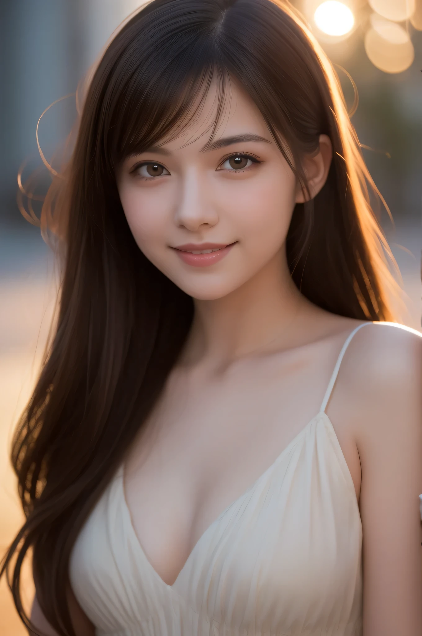 (best quality), (ultra-detailed), (llustration), (detailed light), (an extremely delicate and beautiful), ung girl, long hair, brown eyes, (smile slightly, Innocent and cute expression), model, Enchanting, Sublime, Ethereal, fantastic, extremely detailed CG unified 8k wallpaper, High-definition raw color photos, professional photography, (Bokeh), twilight, Golden hour, Backlighting, depth of fields,
