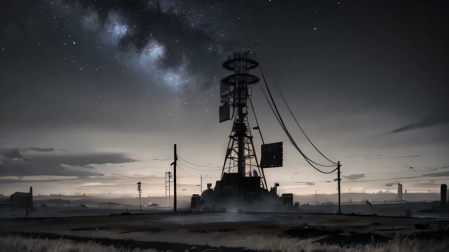 (Dark post-apocalyptic art), hopeless art, Dark art, lonely radio tower, radio tower antenna array, (night), Starry sky, Black Sky, dark sky, On the hill, short grass,, Gloomy fog, black oil liquids, highly detailed art, very detailed background