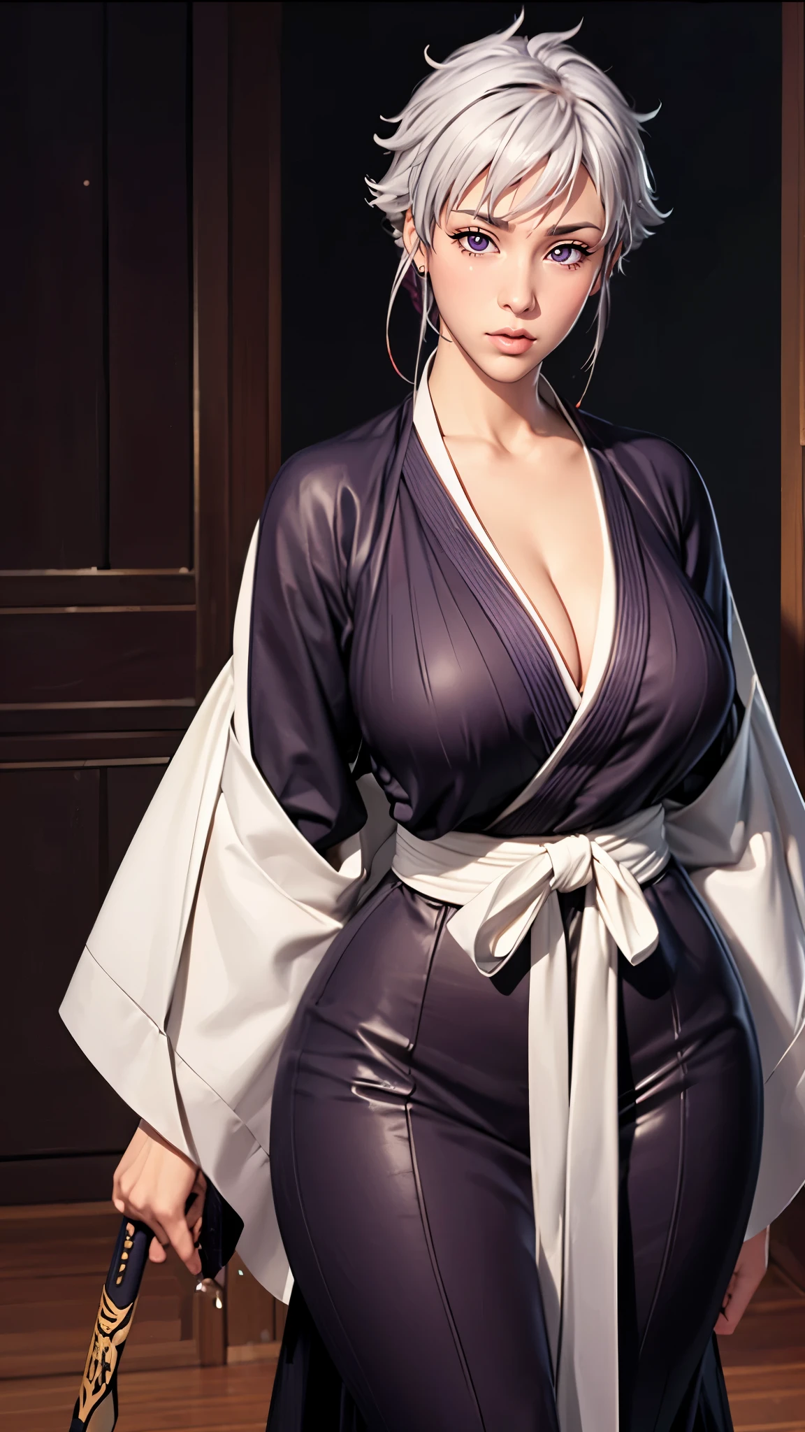 （（（完美figure，figure，long sleeves, japanese clothes, kimono, haori, black kimono, hakama, black hakama,（（（isane kotetsu, short hair, braid, white hair, (purple eyes:1.1), hair braid, ））），（（（wide hips））），S型figure:1.7））），((masterpiece)),high resolution, ((Best quality at best))，masterpiece，quality，Best quality，（（（ Exquisite facial features，looking at the audience,There is light in the eyes，blush，Happy））），（（（Interlacing of light and shadow，huge ））），（（（looking into camera，fighting stance，holding sword in hand）））