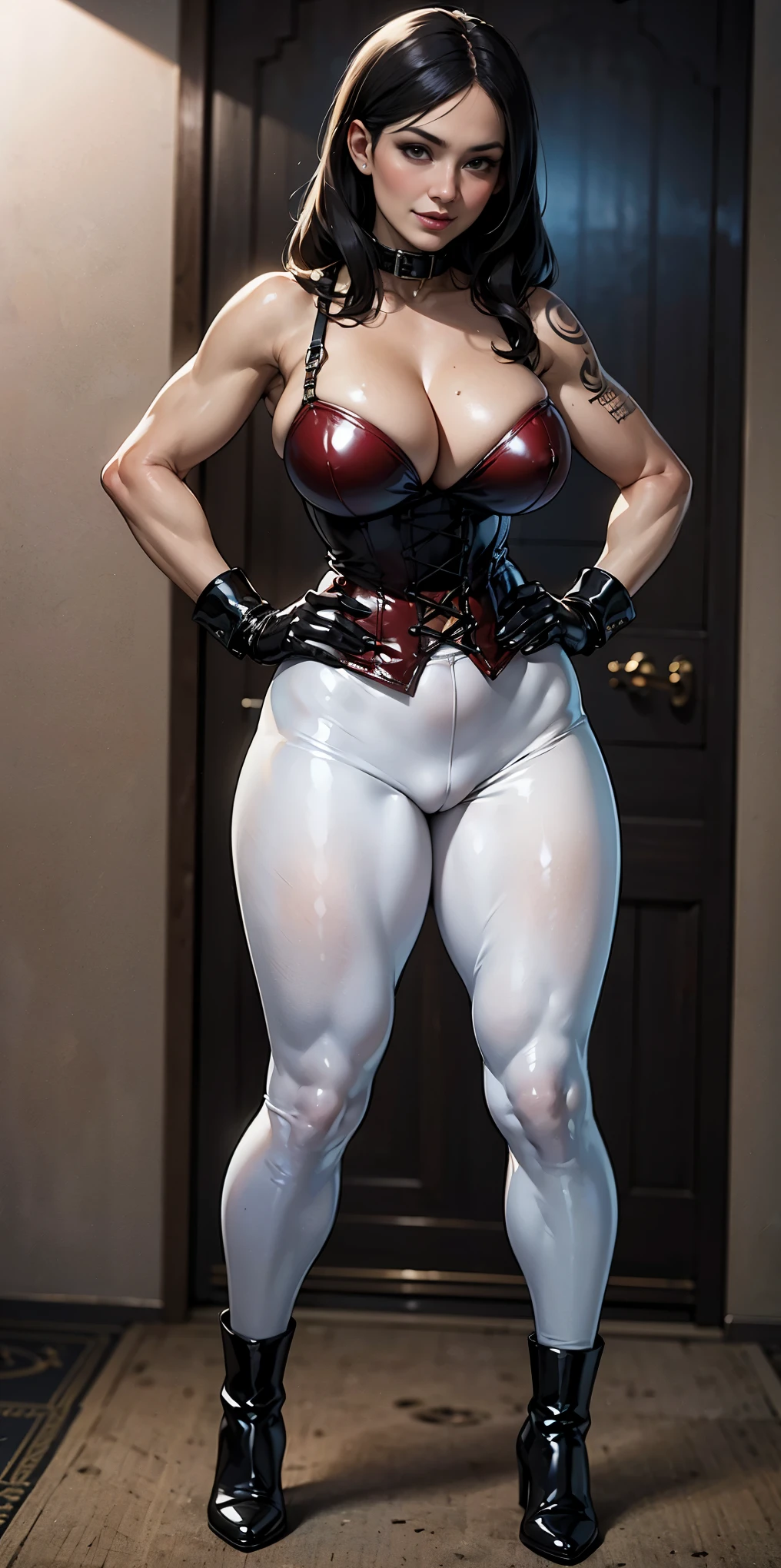 woman bodybuilder with very large calves, full body standing symmetrical  smirking smile face (red blush), full body toe to head, feet together, high boots, big , hands on . red tattoo on belly, bedroom background, royal bedroom, full body picture Unreal Engine 5 8K UHD of beautiful women, wearing white tight latex catsuit covered whole body, latex mask, latex collar, latex body harness and lace, arm and leg cuffs, latex corset, latex long glove, sitting on the table, office scene, best quality, masterpiece, 8K UHD wallpaper