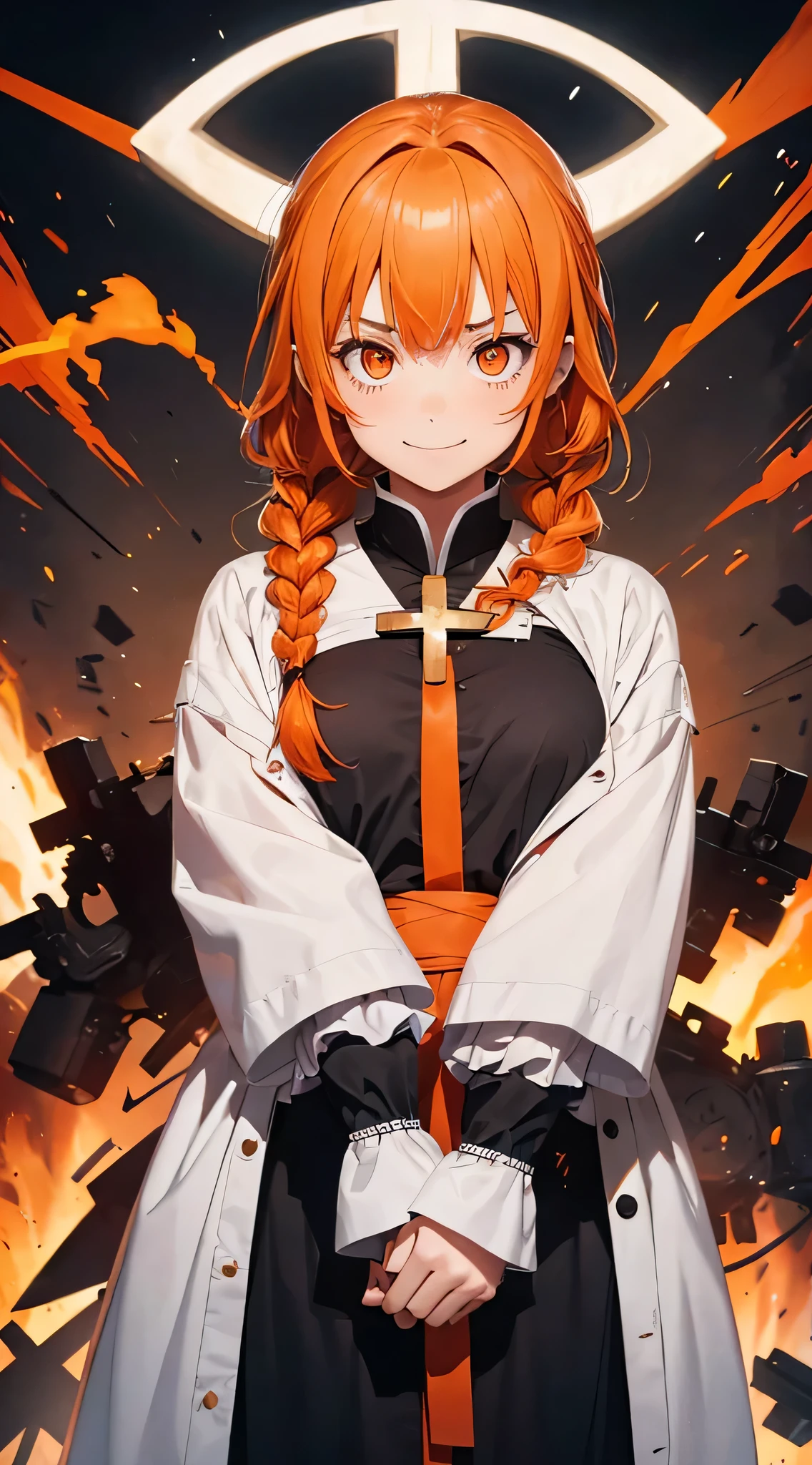 crazy eyes, 1 woman, alone, looking for_~to_viewer, forehead, Eyebrow_visible_~Through_hair, cleric, crazy eyes, crazy smile, crazy face, orange hair, side braids, orange eyes, stole, White, symbolism, holding an iron cross, whole body, clothes, holding a large iron cross, glitter, heavy bre~tohing
