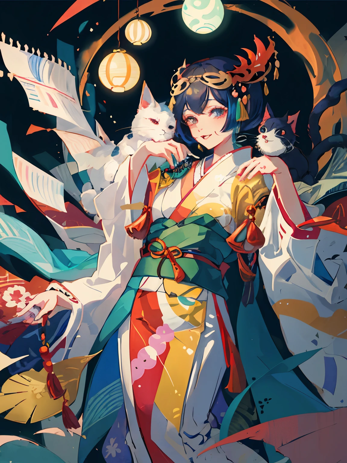 anime style image：A woman wearing a kimono，surrounded by spells，There is a cat on the head, Onmyoji detailed art, Onmyoji, Onmyoji portrait, Animation illustrations, japanese goddess, anime style artwork, anime style illustration, Anime Fantasy Illustration。