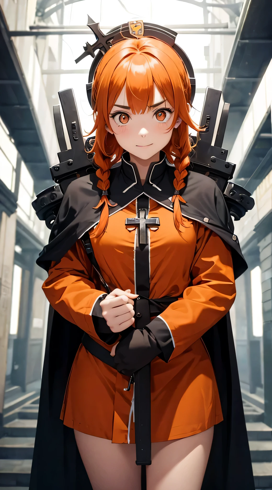 crazy eyes, 1 woman, alone, looking for_~to_viewer, forehead, Eyebrow_visible_~Through_hair, cleric, crazy eyes, crazy smile, crazy face, orange hair, side braids, orange eyes, stole, White, symbolism, holding an iron cross, whole body, clothes, holding a large iron cross, heavy bre~tohing, best quality, high quality, high details
