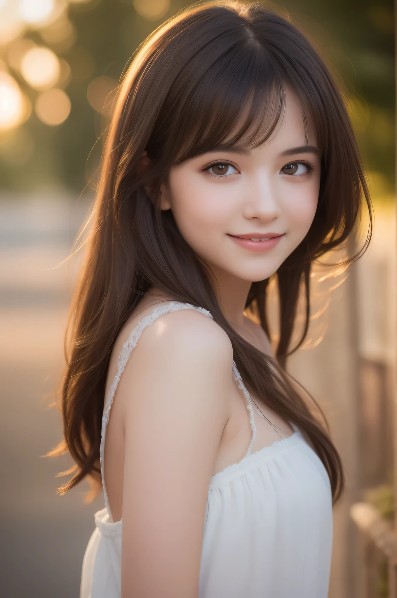 (best quality), (ultra-detailed), (llustration), (detailed light), (an extremely delicate and beautiful), 1young girl, long hair, brown eyes, (smile slightly, Innocent and cute expression), model, Enchanting, Sublime, Ethereal, fantastic, extremely detailed CG unified 8k wallpaper, High-definition raw color photos, professional photography, (Bokeh), twilight, Golden hour, Backlighting, depth of fields,