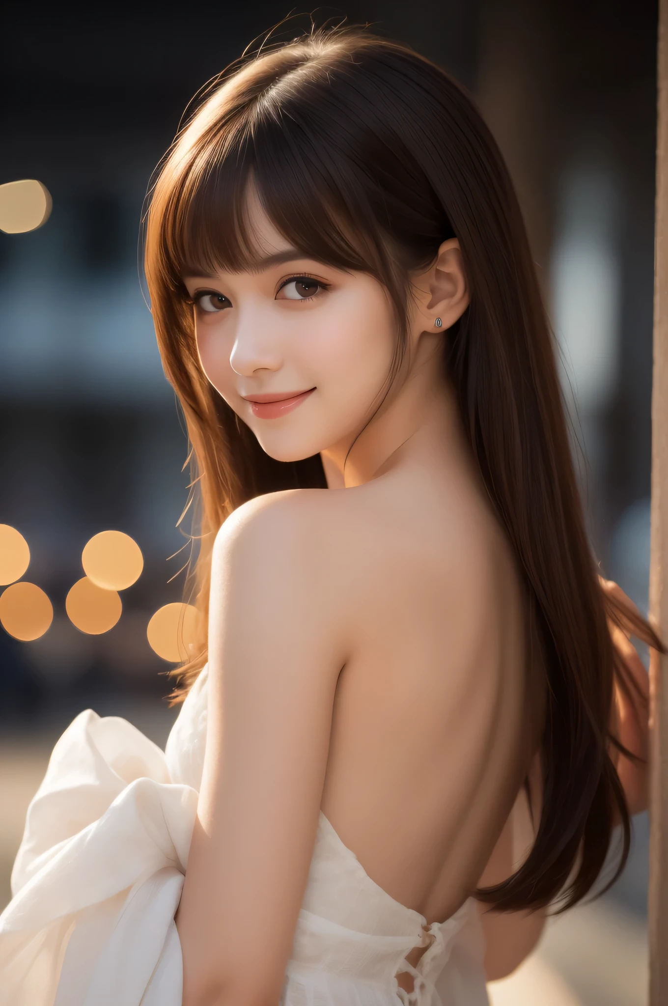 (best quality), (ultra-detailed), (llustration), (detailed light), (an extremely delicate and beautiful), 1ung girl, long hair, brown eyes, (smile slightly, Innocent and cute expression), model, Enchanting, Sublime, Ethereal, fantastic, extremely detailed CG unified 8k wallpaper, High-definition raw color photos, professional photography, (Bokeh), twilight, Golden hour, Backlighting, depth of fields,