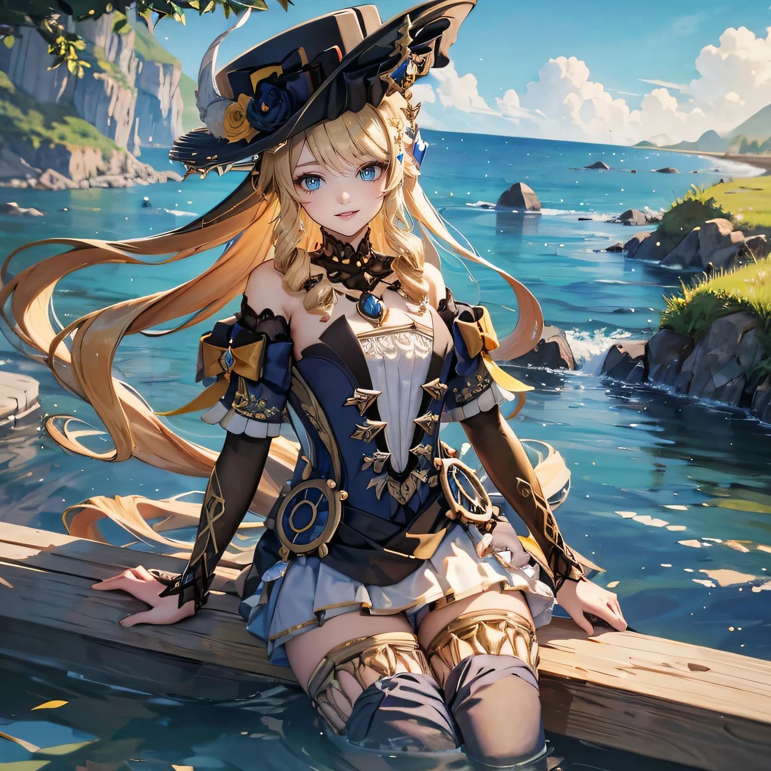 painting style,Masterpiece:1.2,girl in the picture,Best quality,under Genshin's influence,pond in the background,sea in the background,smile,long hair,It has,flowers,gemstone necklace, flowers,