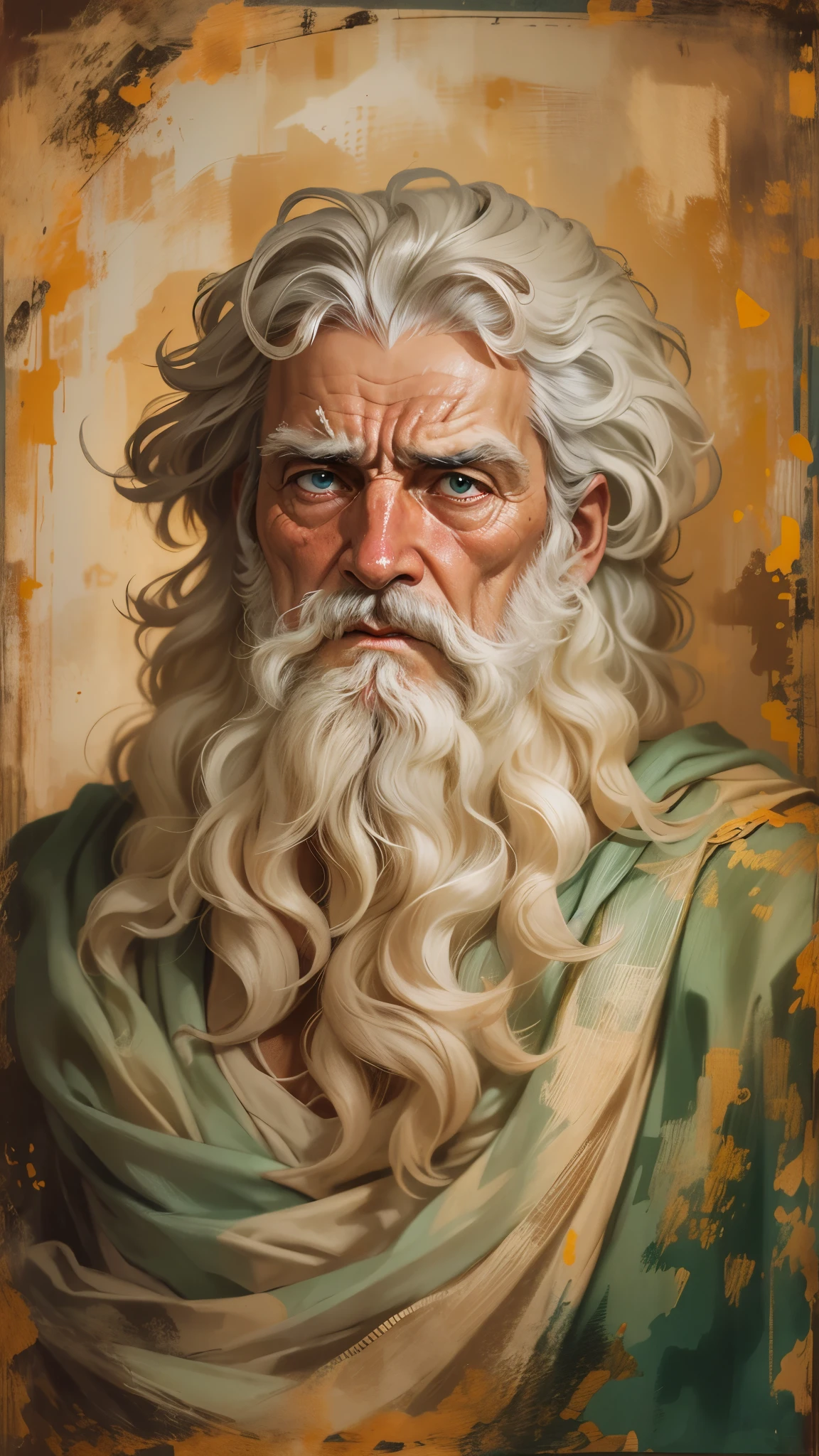 Portrait of a bearded man, face with skin colors, epictetus, Father Time, Furious, Painted Portrait of Zeus,  Stoic Face, Divine and Stoic, stoicism, incredible resemblance, old wise, Michelangelo ArtStyle, Greek God, and his facial expressions have deep sadness and excess thought, colors are silenced and faded, to emphasize the seriousness of the scene. 8K