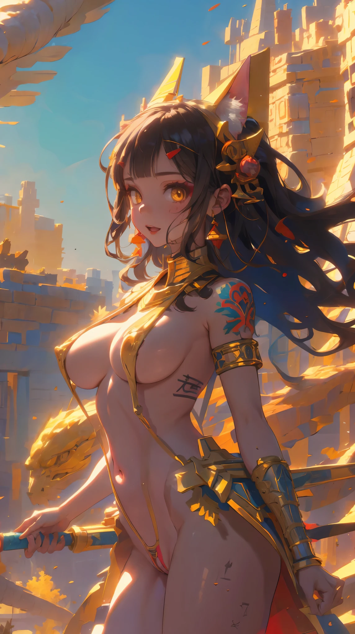 1girl, (Miyu Edelfelt), , cameltoe, black hair, brown eyes, expressionless, (gigantic_breasts),(dark skin), cat ears, black hair, hair between eyes, long hair, yellow eyes, huge breasts, holding, hand on hip, open mouth, smile, revealing clothes, (egyptian, ankh), bare shoulders, (naked tabard:1.2), (sideboob, navel), pubic tattoo, (Slingshot swimsuit), circlet, headpiece, armlet, thigh strap, earrings, hair ornament, jewelry, gold trim, staff, desert, pyramid (structure), cowboy shot, masterpiece, best quality,