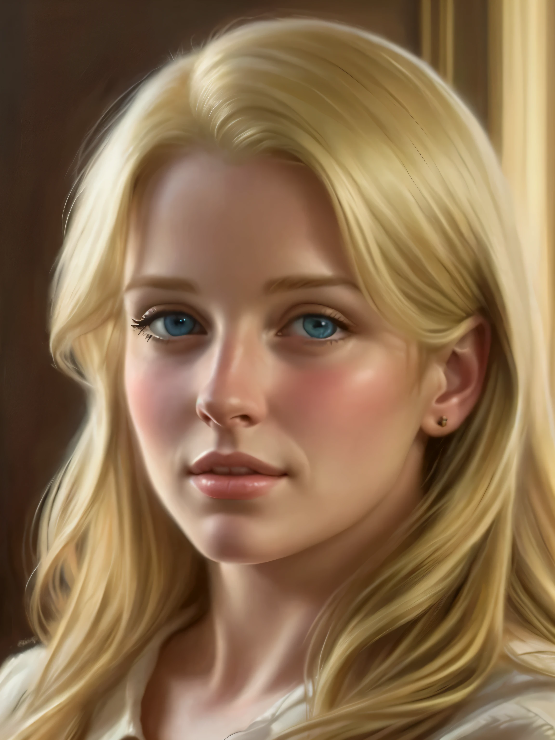 Portrait in the style of James Gurney., beautiful blonde, Realistic, impressive lighting