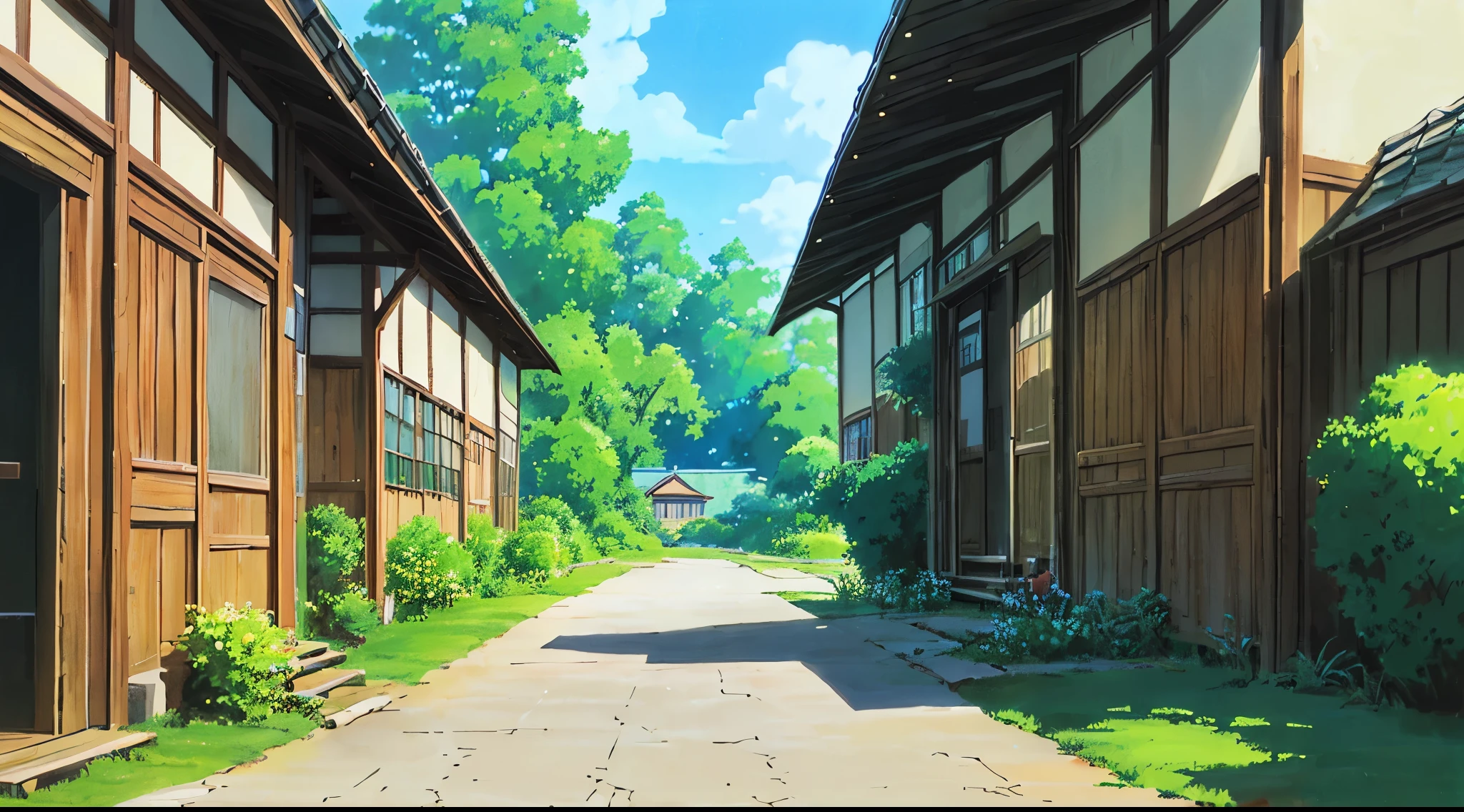 (((highest quality))))、residential street、anime countryside、anime background art、anime scenery、ソフトStudio Ghibli concept art、美しいanime scenery、Concept art for anime sets、Studio Ghibli concept art、ghibli studio environment、anime scenery、beautiful anime scene、Gribbley Makoto Shinkai Studio、Ghibli studio view、cottage core!!