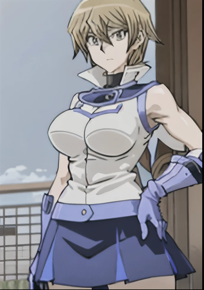 Close-up of a woman wearing a white dress shirt and blue skirt, anime girl, blonde woman, brown eyed woman, female anime character, big breasts, had very large breasts, as an anime character, anime character, high school girl, a woman is standing, girl anime visual, sodiac girl knight, , in an animated movie, female focus, muscular woman, tall, in anime style, feminine and muscular,