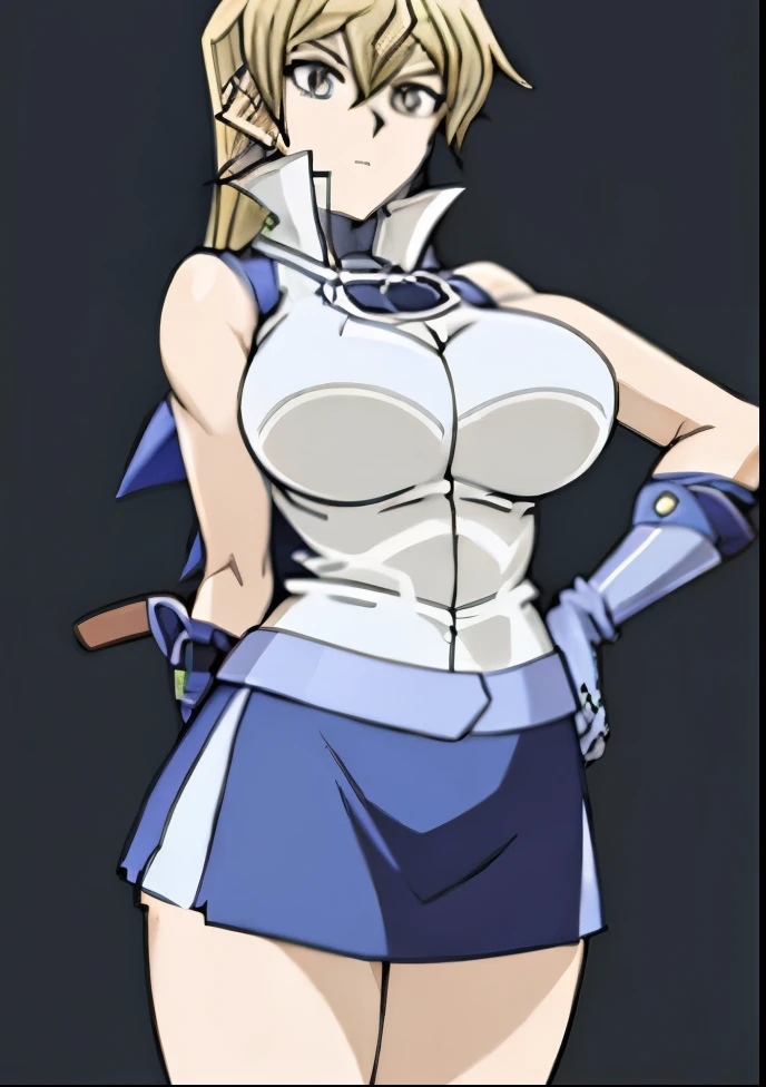 Close-up of a woman wearing a white dress shirt and blue skirt, anime girl, blonde woman, brown eyed woman, female anime character, big breasts, had very large breasts, as an anime character, anime character, high school girl, a woman is standing, girl anime visual, sodiac girl knight, , in an animated movie, female focus, muscular woman, tall, in anime style, feminine and muscular,