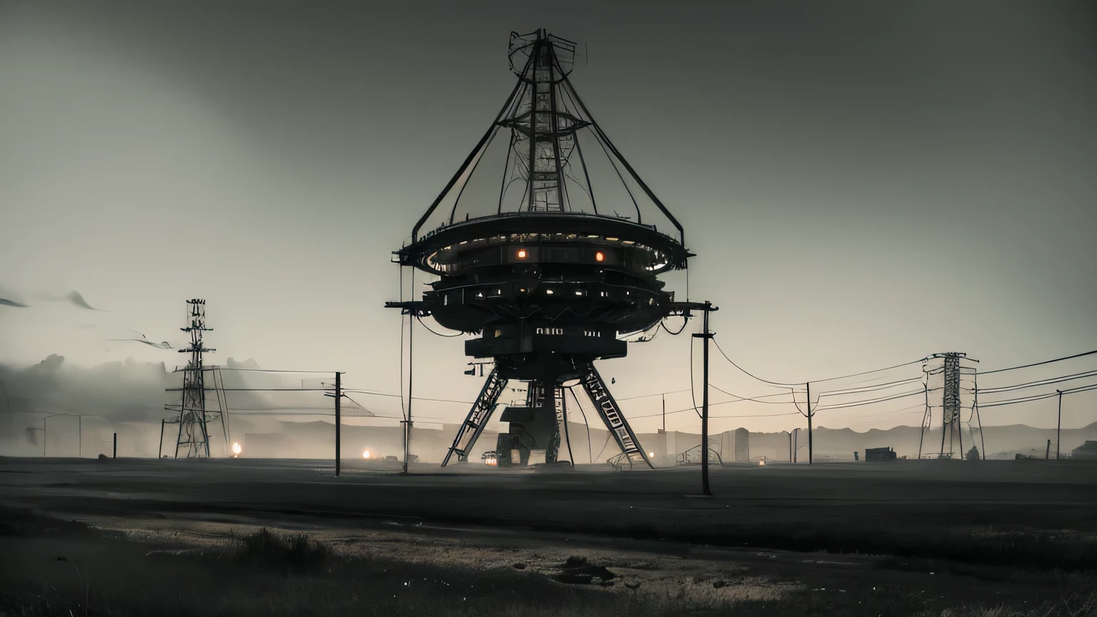 (Dark biopunk art), hopeless art, dark biopunk, Gloomy landscapes, lonely radio tower, radio tower dish, highly detailed art, very detailed background