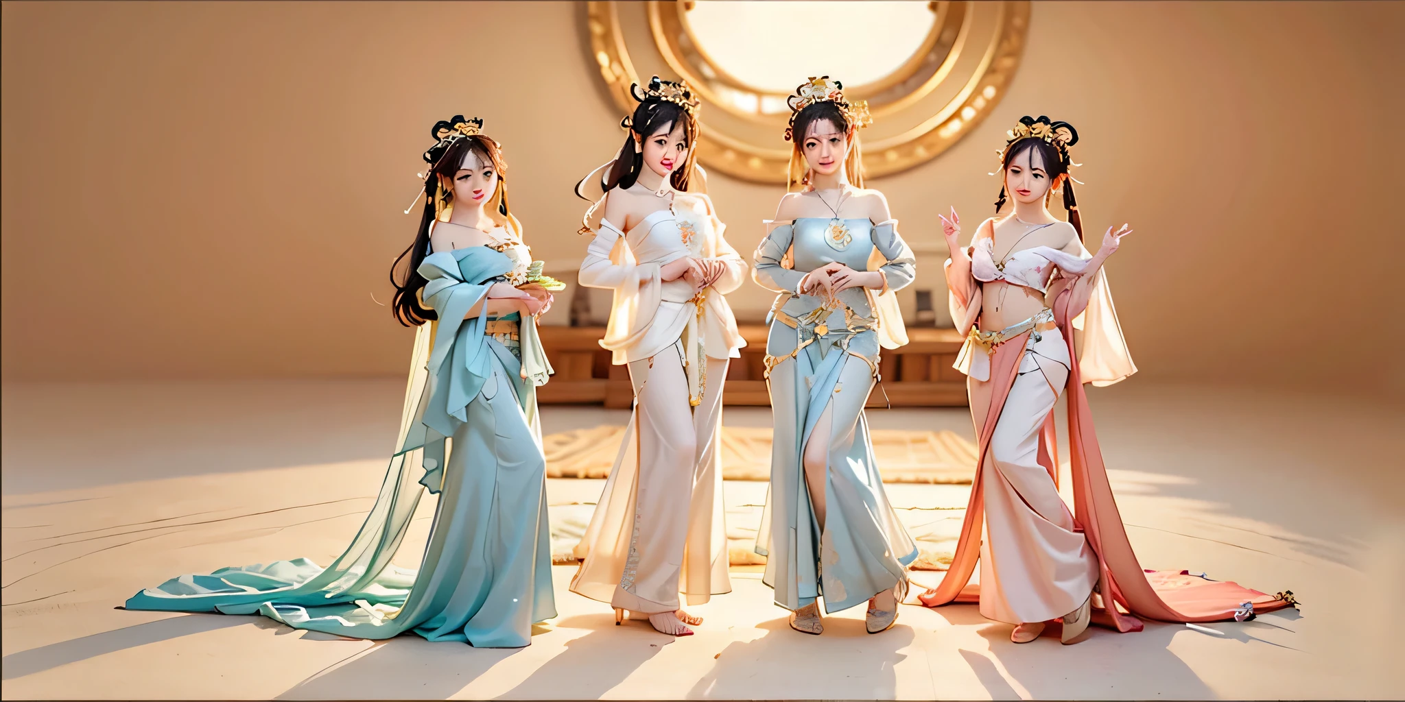 Full body image，5 beauties，different dress styles，Delicate skin，Soft lighting effects，hair fine and smooth，Exquisite details，Eye highlights，White skin，Detailed characterization，extreme details，quality，thin，Slim，Fragmentation，hair details，thin bangs，Shawl hair，correct body，shadow，air bangs，8k，super detailed，fine fabric texture，softness，complacent，smooth texture，Dunhuang style，Exquisite patterns，Correct hand drawing，