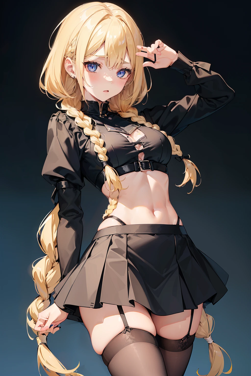 1girl, 8k, best quality, perfect body, UHD, meisterwerk, Beautiful girl, seductive girl, anime-girl, anime stil, ((slim body, schmale beine, Big , blonde haare, lange haare, two braids, blaue augen)), ((wearing a very short black top, brust fasst komplett zu sehen, ihre kleidung ist zerissen, wearing black mini skirt, wears black stockings, wears garters, nackte schultern, zeigt bauch)), looks lustfully at the viewer, unartig, tsundere, leer, blushed heavily, sportlich, sexy, cute,((steht, Anime-Ganzkörperillustration))