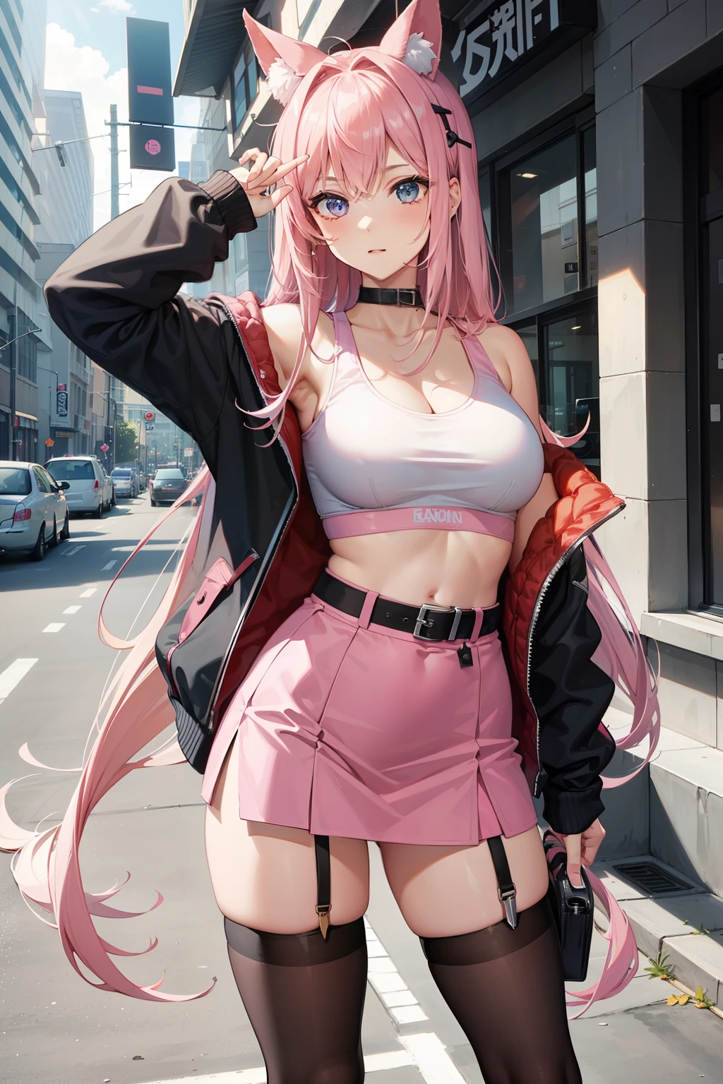 1girl, 8k, best quality, perfect body, UHD, meisterwerk, Beautiful girl, seductive girl, anime-girl, anime stil, ((sportlich, schlank, sehr schlanke beine, leichte bauchmuskeln, pinke haare, geflochtene haare, pinke augen, Big )), ((wearing a pink sports bra, wearing a pink miniskirt, wears high stockings, wears garters, wears waist ties, nackte schultern, jacke, zeigt bauch)), sexy, lehnt sich an die wand, Anime-Ganzkörperillustration, cool, atraktives-animegirl