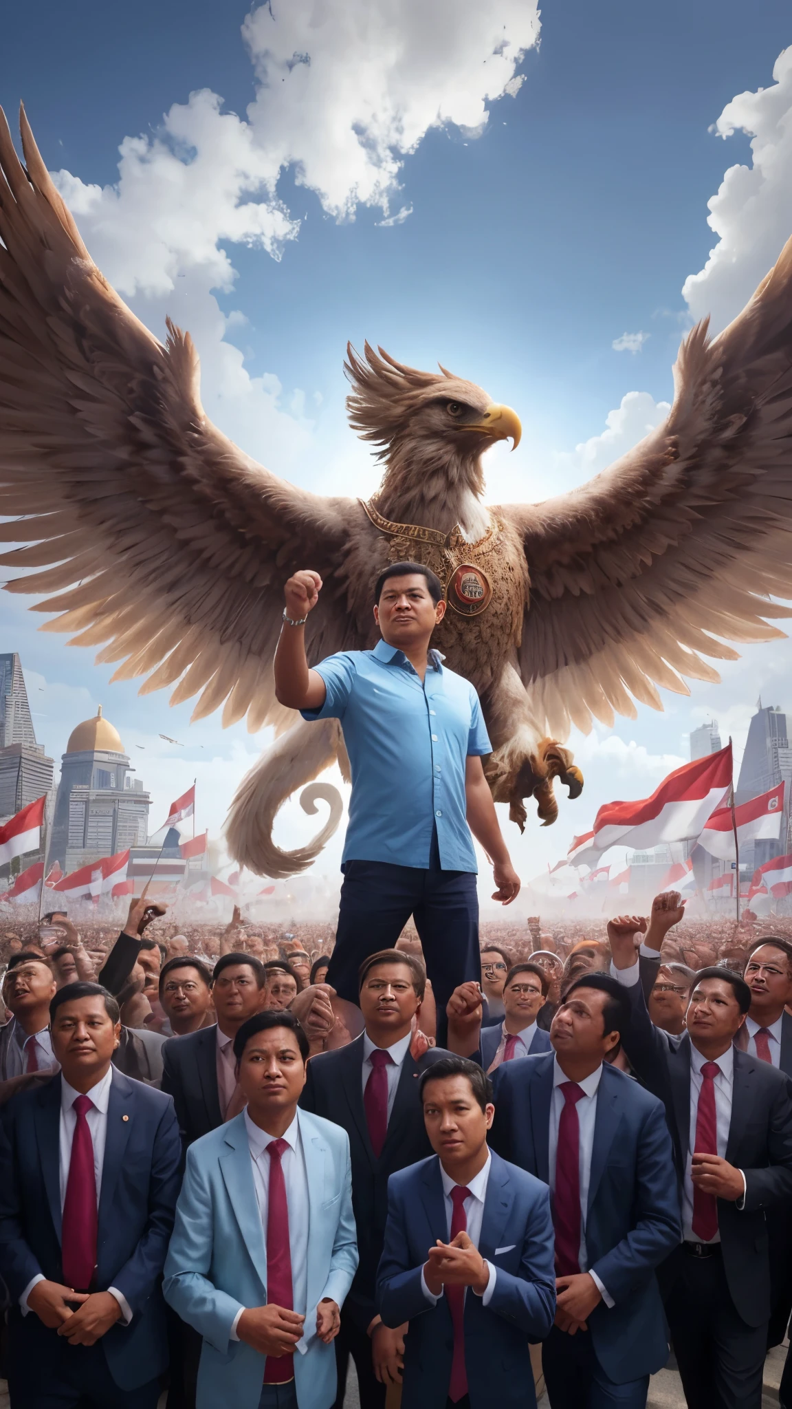 there is a Prabowo Subianto ,man standing in front of a crowd of people with a large eagle, realistic