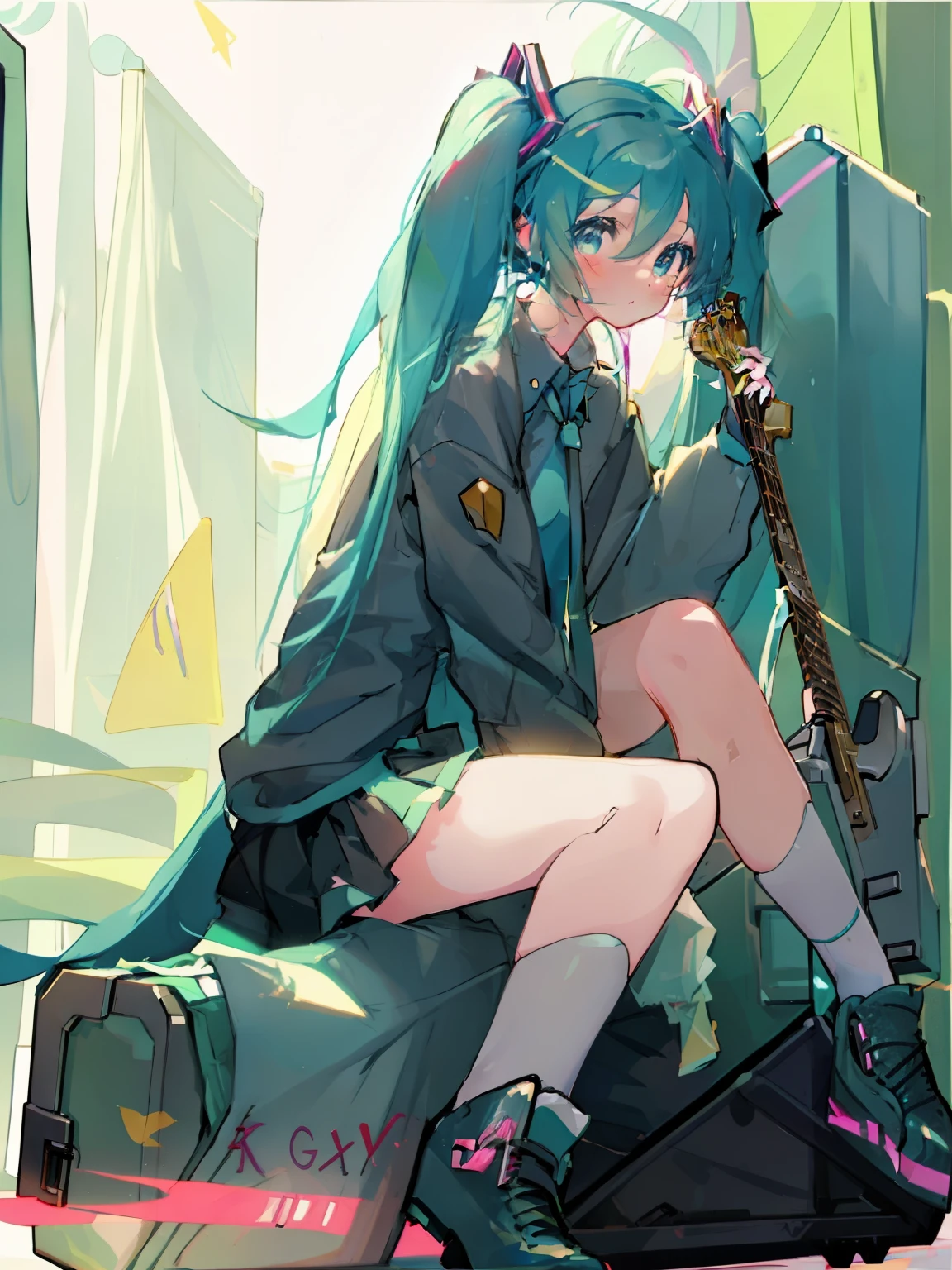 (a girl sitting on a suitcase with a guitar, anime-style illustration, cute and adorable art style, anime shading), anime girl, a cute anime girl, the portrait of Hatsune Miku, the anime girl is crouching, anime pose, young anime girl,Hatsune Miku,twintails