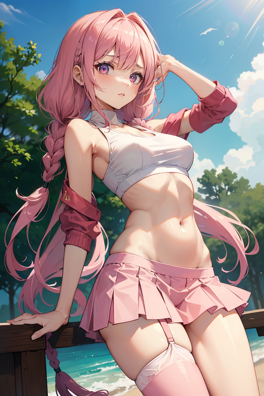 1girl, 8k, best quality, perfect body, UHD, meisterwerk, Beautiful girl, seductive girl, anime-girl, anime stil, ((sportlich, schlank, sehr schlanke beine, leichte bauchmuskeln, pinke haare, two braids, pinke augen, Big )), ((wearing a pink sports bra, wearing a pink wavy miniskirt, wears high stockings, wears garters, wears waist ties, nackte schultern, jacke, zeigt bauch)), sexy, lehnt sich an die wand, Anime-Ganzkörperillustration, cool, atraktives-animegirl, looks at the viewer at eye level