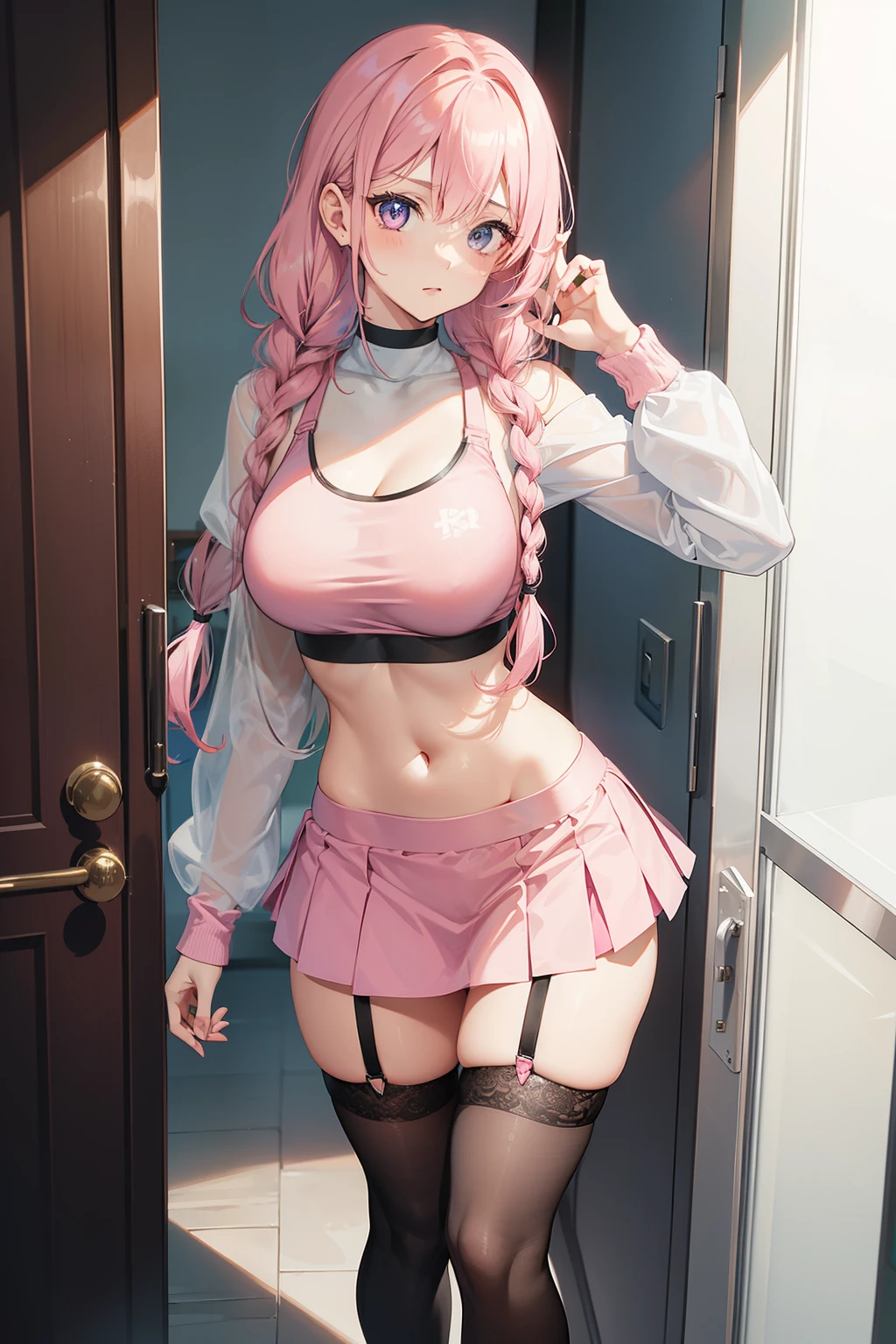 1girl, 8k, best quality, perfect body, UHD, meisterwerk, Beautiful girl, seductive girl, anime-girl, anime stil, ((sportlich, schlank, sehr schlanke beine, leichte bauchmuskeln, pinke haare, two braids, pinke augen, Big )), ((wearing a pink sports bra, wearing a pink wavy miniskirt, wears high stockings, wears garters, wears waist ties, nackte schultern, jacke, zeigt bauch)), sexy, lehnt sich an die wand, Anime-Ganzkörperillustration, cool, atraktives-animegirl, looks at the viewer at eye level
