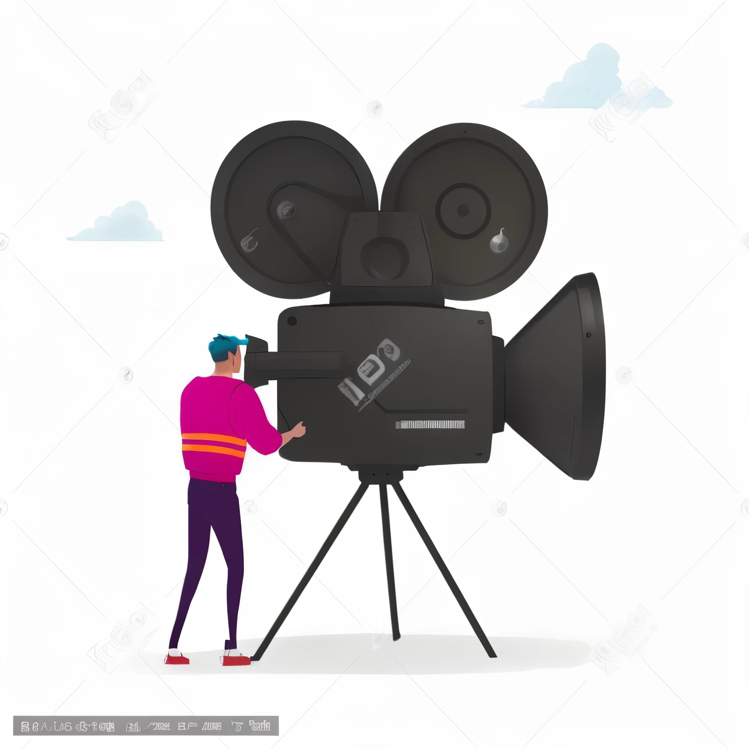 a man is standing next to a large Video recorder, movie illustration, flat illustration, professional camera, 8 k cartoon illustration, HD illustrations, Simple explanation, Filming, High quality illustrations, cartoon illustration, movie scene, film production, film camera style, tv production, cinematic , - H 7 6 8, Video recorder, big production, photographic, concept