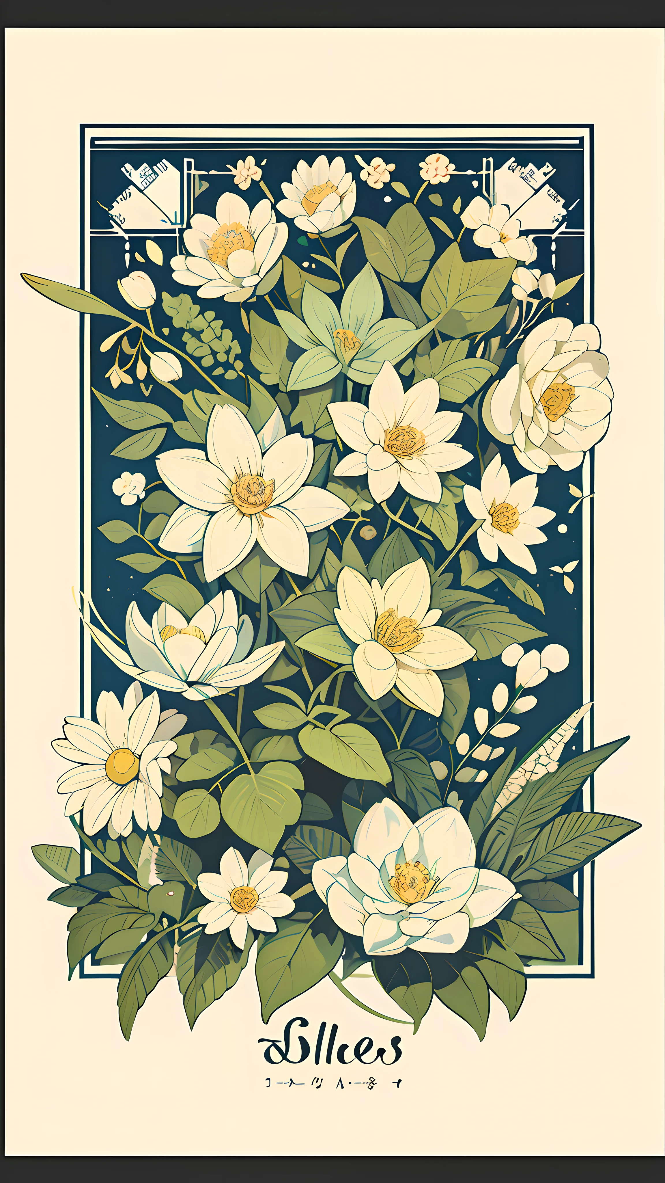 Slight vintage color,planar,,RISO print style,illustration,adolable,Leave white space,low-saturation,Lots of flowers,Individually arranged,leafs,branches,Printing, a sticker,Random distribution,Lovely drawing style, Color guide,Graphic design,Carpet pattern,(solid color backdrop)