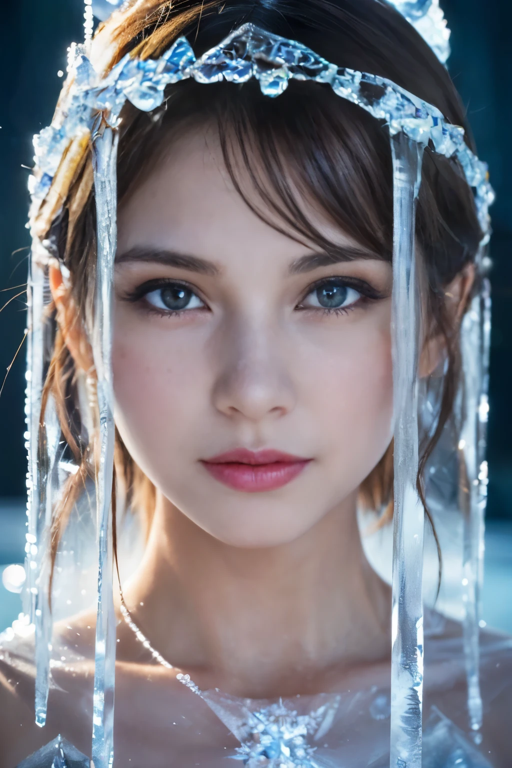 ((table top:1.4, highest quality)), (realistic pictures:1.4), 
((1 girl)), 
(超High resolution:1.2), very delicate and beautiful, wonderful, 
Highly detailed CG Unity 8k wallpaper, Super detailed, High resolution, soft light, 
beautiful detailed girl, highly detailed eyes and face, beautifully detailed nose, beautiful and detailed eyes, 
(She is wearing a dressed up costume and is frozen in ice.:1.4),
cinematic lighting, perfect anatomy, slender body, thin chest,
(ice castle guest room, Ice Room, ice furniture, ice chandelier, lit up in the dark:1.3), (A fantastic world of ice and light, transparency of ice, The aesthetics of light refracting through ice:1.3), (A world of inorganic beauty where everything is covered in icicles and frozen.:1.3), Beautiful,
cowboy shot, looking at the viewer, smile
