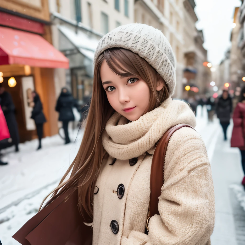 Girl, long soft brown-blonde hair, brown eyes, sharp features, white skin, young woman, winter style, shopping