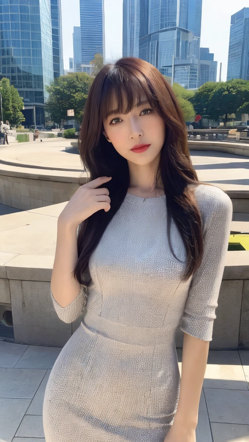 ((highest quality, 8k, masterpiece :1.3)), whole body, sharp focus :1.2, beautiful woman with perfect figure :1.4, thin abs :1.2, body dress :1.1, Highly detailed face and skin texture, fine eyes, double eyelid, small bust, 40 generation women:1.2, fashionable clothes、long hair、city background、warm sunshine、bangs