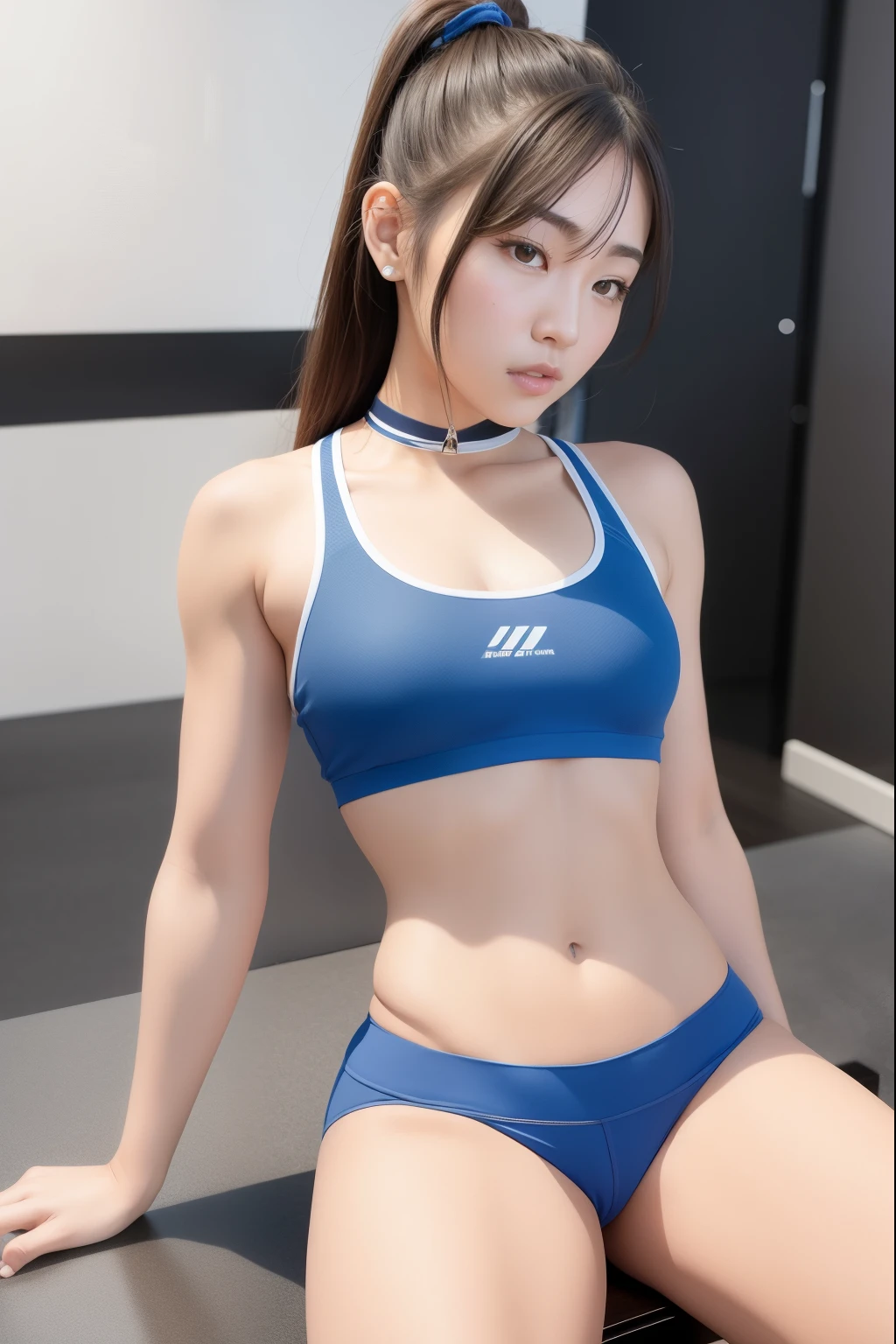 An Asian woman sitting on a step wearing a sports bra top and a super miniskirt, Put your legs up and show off your white panties、sports bra and dark blue shorts, sporty physique, sports bra and shorts, attractive sporty physique, sporty, sports bra and shirt, cute sportswear, athlete body, athletic and strong, fitness model, fit girl, Chun-Li at the gym, model with attractive body, slim girl model photo