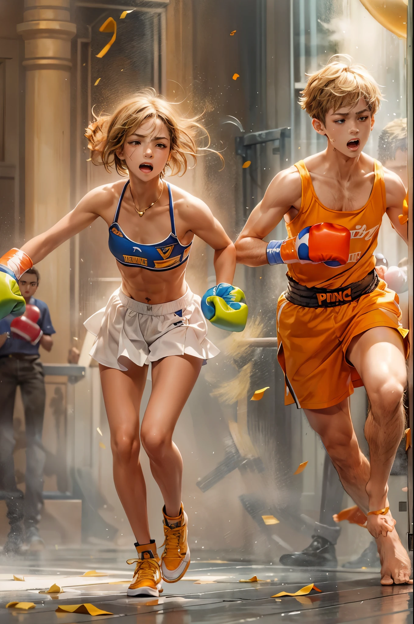 masterpiece, delicate, sharp focus, 1 girl punch 1 boy, 17 years old girl, tall, (smooth_abs:1.55), pretty, (long_skinny_legs), (skinny_waist), (((fair skin))), (Emma_watson), light blonde hair, ((orange sport bandeau)), Short orange short skirt, (girl punch a boy in the face: 2), ((girl defeats boy, boy falling backwards towards the floor))