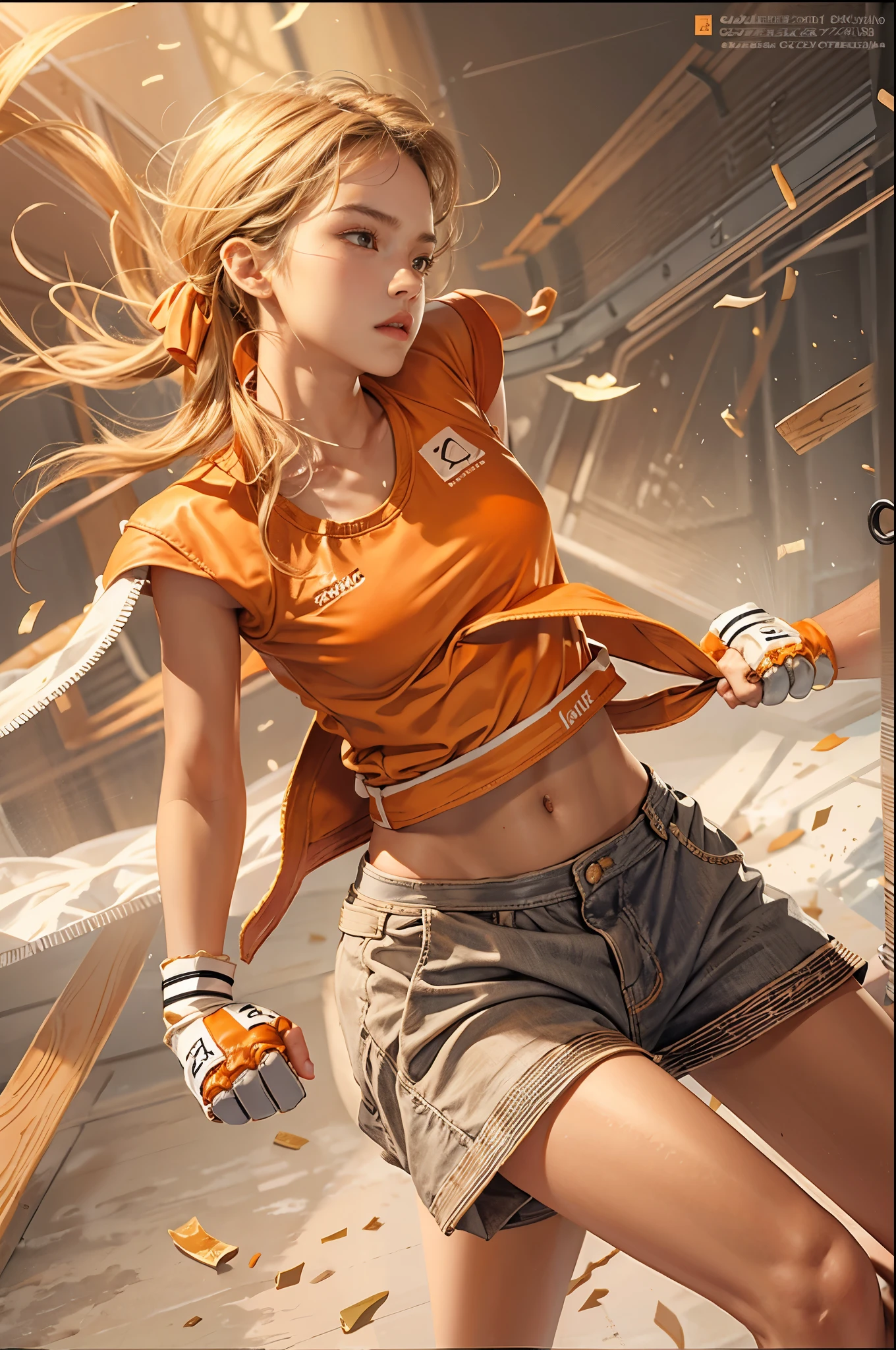 masterpiece, delicate, sharp focus, 1 girl punch 1 boy, girl, tall, (smooth_abs:1.55), pretty, (long_skinny_legs), (skinny_waist), (((fair skin))), (Emma_watson), light blonde hair, ((orange sport bandeau)), Short orange short skirt, (girl punch a boy in the face: 2), ((girl defeats boy, boy falling backwards towards the floor))