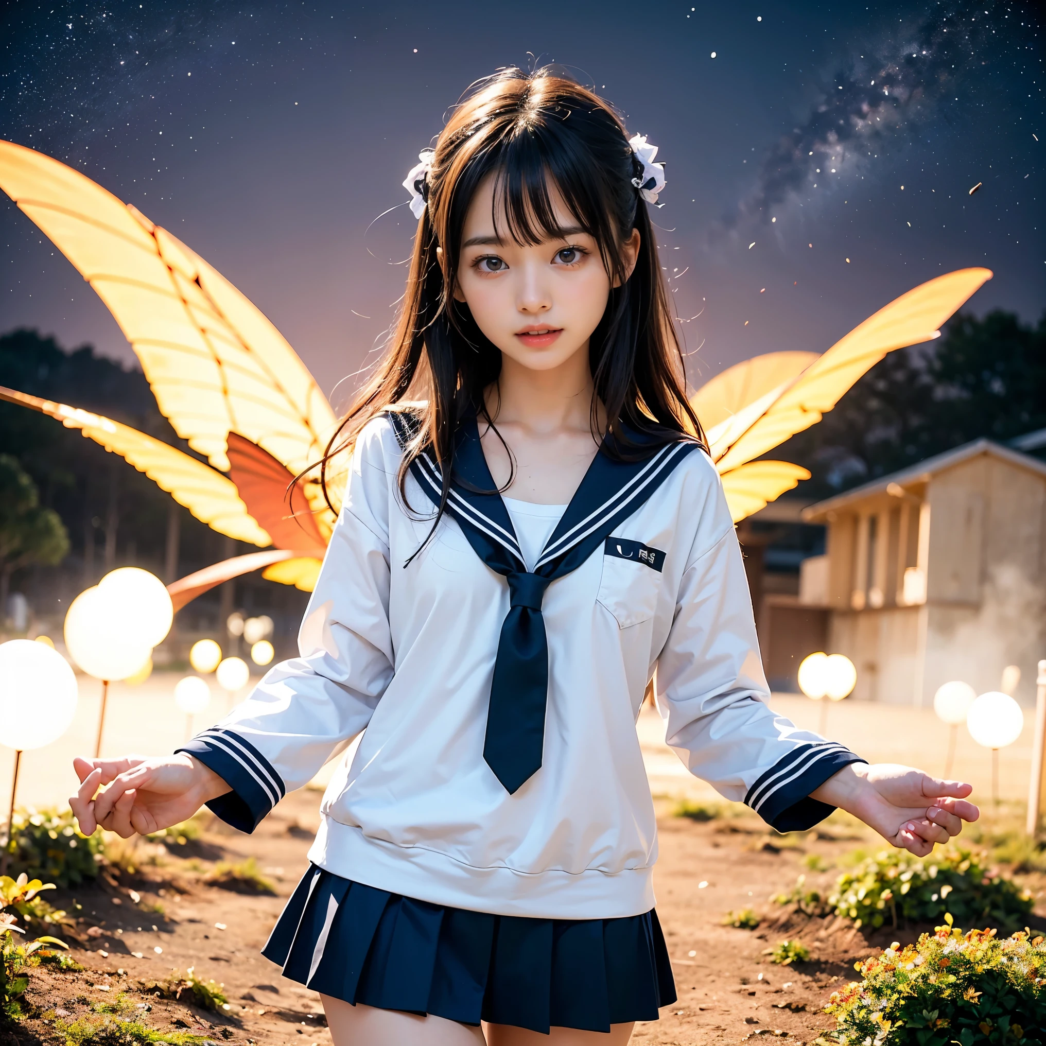 sailor suit、embarrassing、one beautiful woman、detailed face、fine hands、fine legs、(debris flies, highest quality:1.2), 8K, official art, chest、cute、I can see your panties、tug on skirt、 planet, trending on cgstation, 太陽系外planet, official art, mar planet, Sakimi-chan, Five Fingers Photos'body of, Full body Esbian、sailor suitの美しさ、cool look、 (masterpiece) (highest quality) (become familiar with) (8K) (movie lighting) (sharp focus) (complicated)black hair、、小さいchest、laughter、incredibly stupid, (beautiful girl, cute face, turn back, gold ornaments in hair、naked、chestのクローズアップ, gardenia, Viola family, space , looking at the viewer, film grain, chromatic aberration, オッパイsharp focus, face light, dynamic lighting, cinematic lighting, become familiar withな目と顔, (cute tie、1 part:1.2)