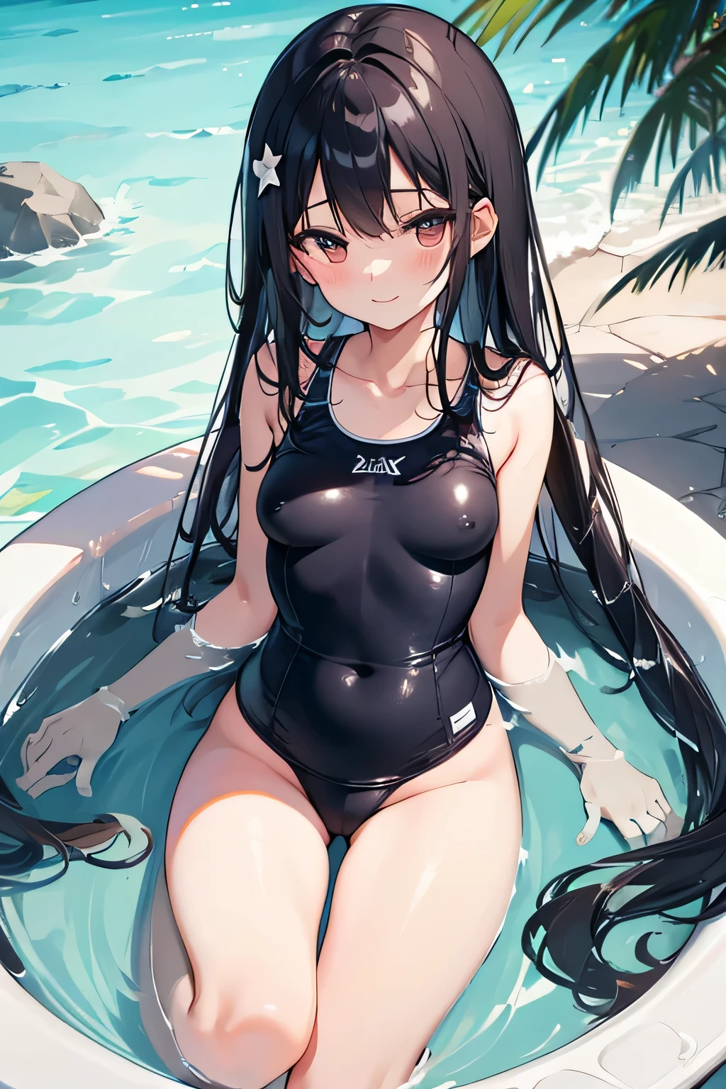 super detailed face, detailed female genitalia, school swimwear, long black hair, small breasts, blush, smile, white high leg, white swimsuit, my whole body was damp, watery, bus, bustub, erect nipples