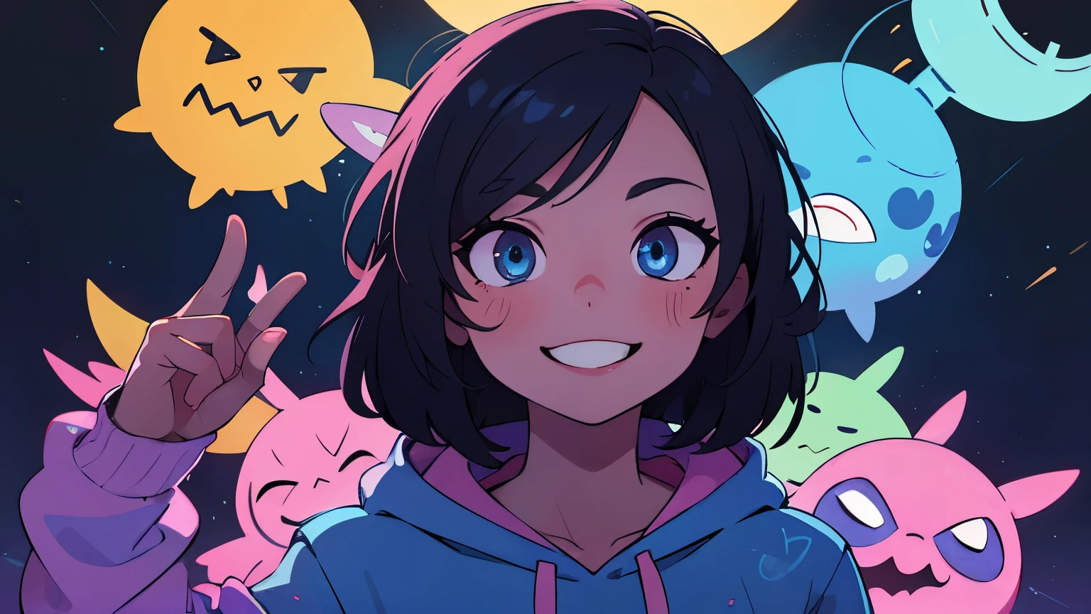 ((best quality)), ((masterpiece)), (detailed), perfect face, detailed background, masterpiece, best quality, smile, ornament, hoodie, portrait, blue neon, graffiti, dark, night, glowing eyes, blacklight