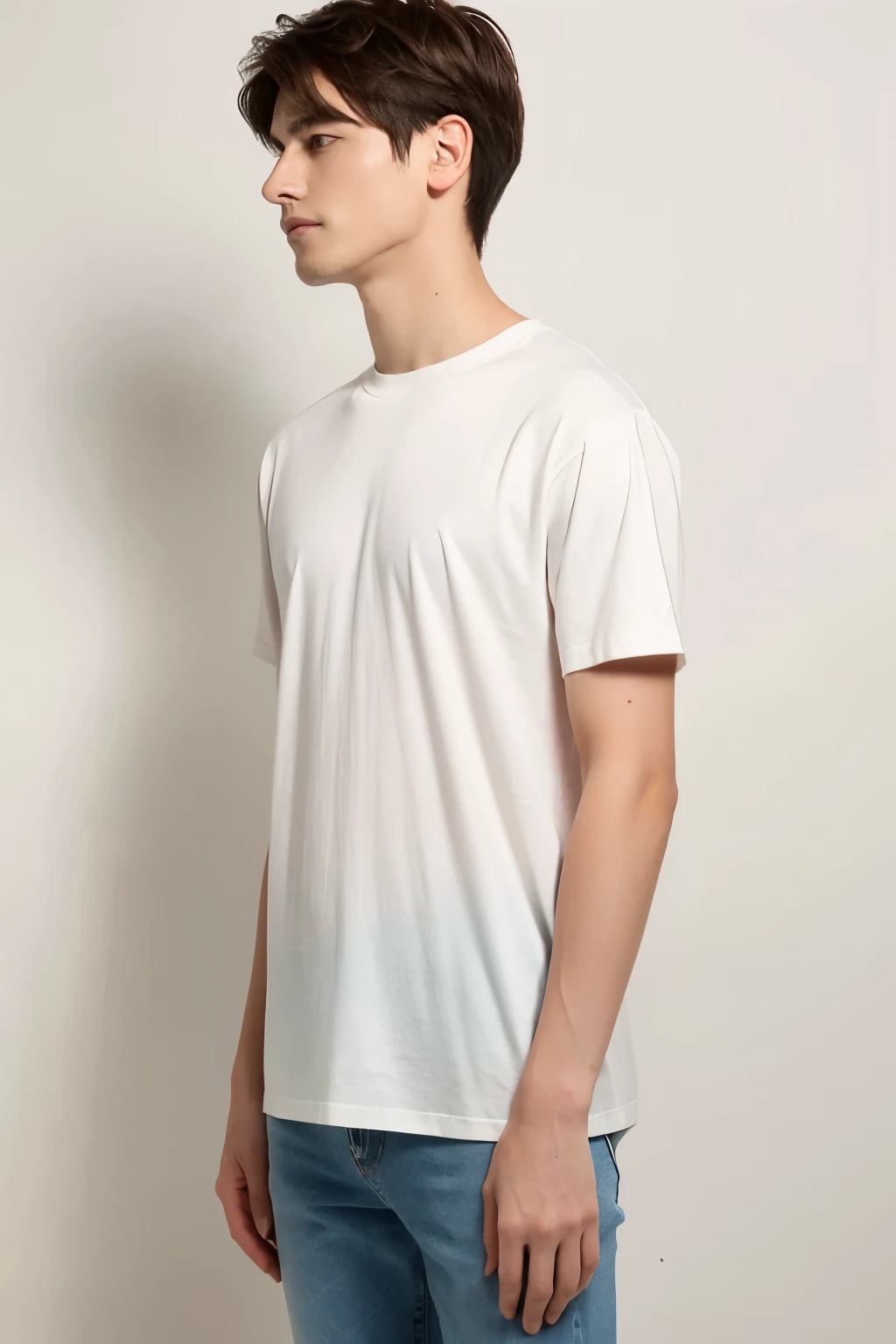 "I would like a mockup of a plain white crew neck t-shirt made of cotton. The t-shirt should have a regular fit and sleeves that are slightly longer than usual, reaching just above the elbow. Please ensure that the t-shirt is completely blank with no logos, text, or designs. The t-shirt is for a streetwear, so please keep the design simple and clean.
For the model,approximately 6 feet tall, with short brown hair and brown eyes. The model should be standing with their arms relaxed at their sides and looking straight ahead. The background should be a plain white or light-colored wall.
Thank you!"